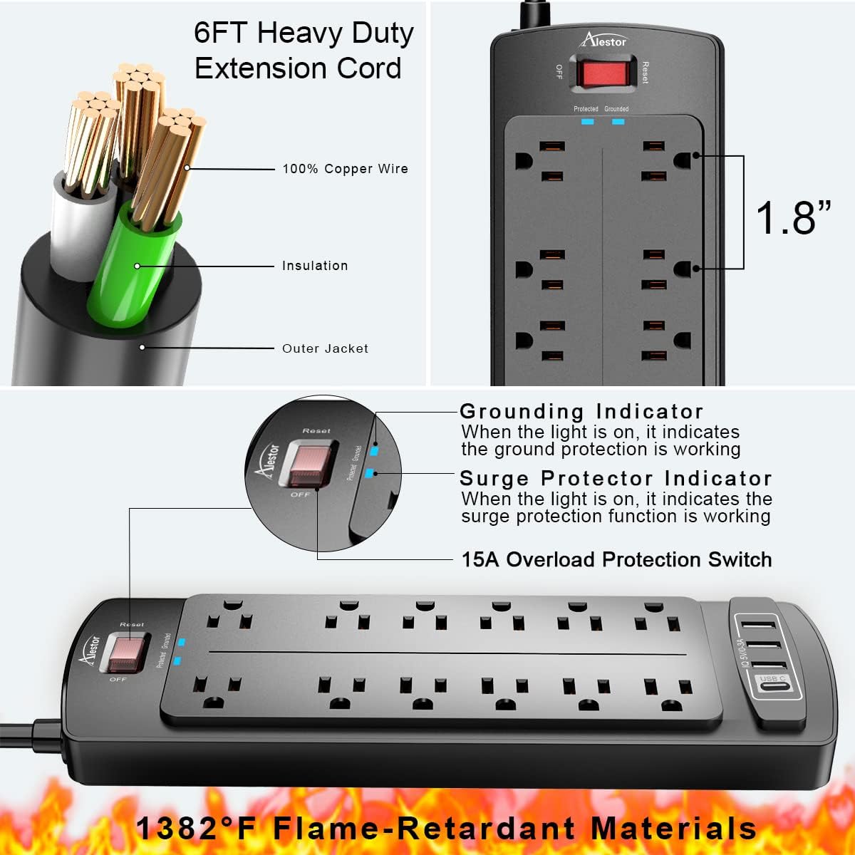 ALESTOR Power Strip Surge Protector