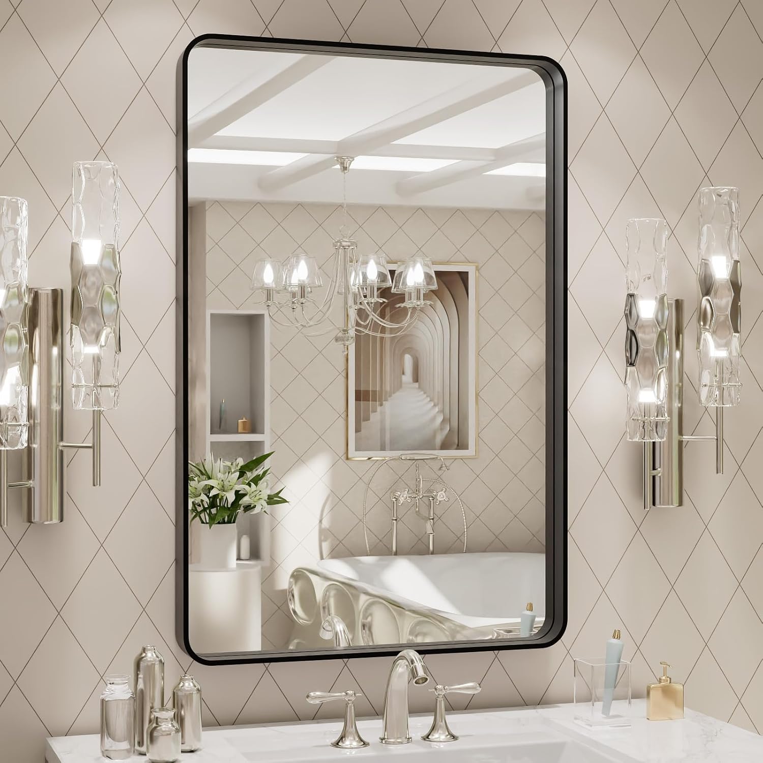 LOAAO Black Metal Framed Bathroom Mirror for Wall