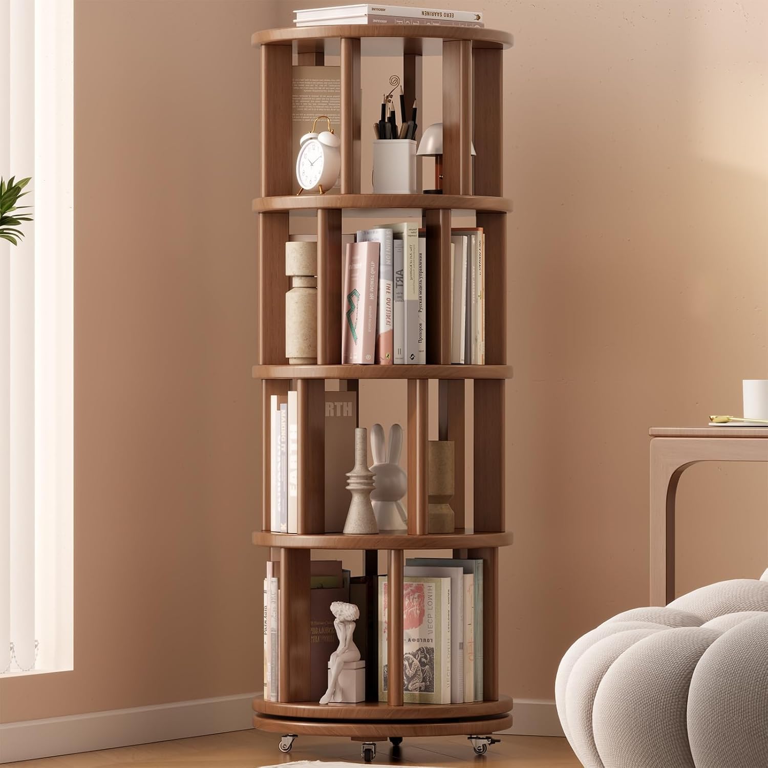 Solid Wood Rotating Bookshelf on Wheels