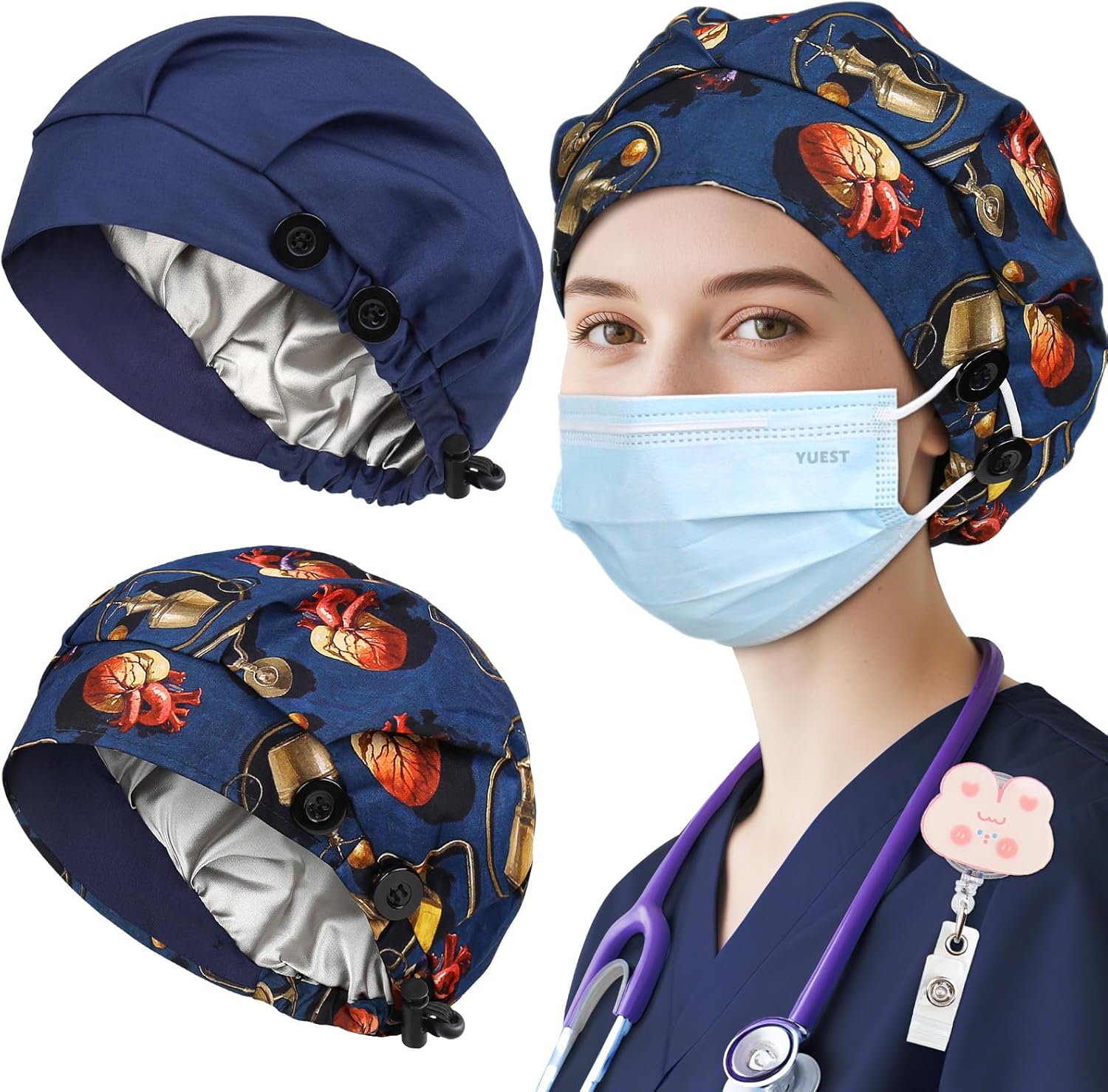 2 Pack Satin Lined Bouffant Scrub Caps