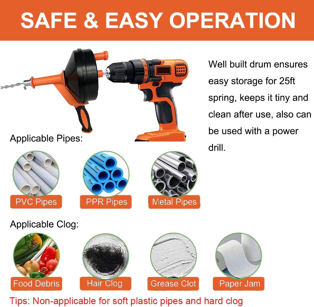 Drain Auger Clog Remover with Drill Adapter
