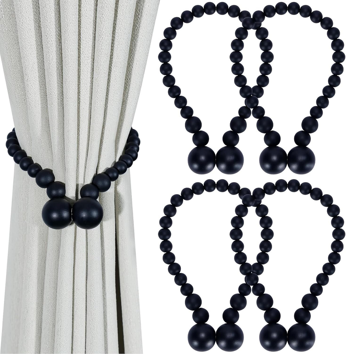 Magnetic Wood Bead Curtain Tiebacks Curtain Holders for Bedroom