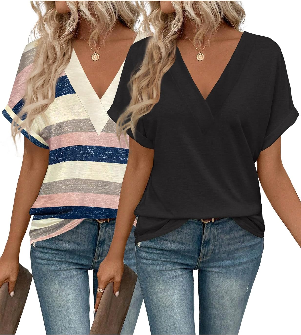 2PCS T Shirts Short Sleeve V Neck Tees Womens