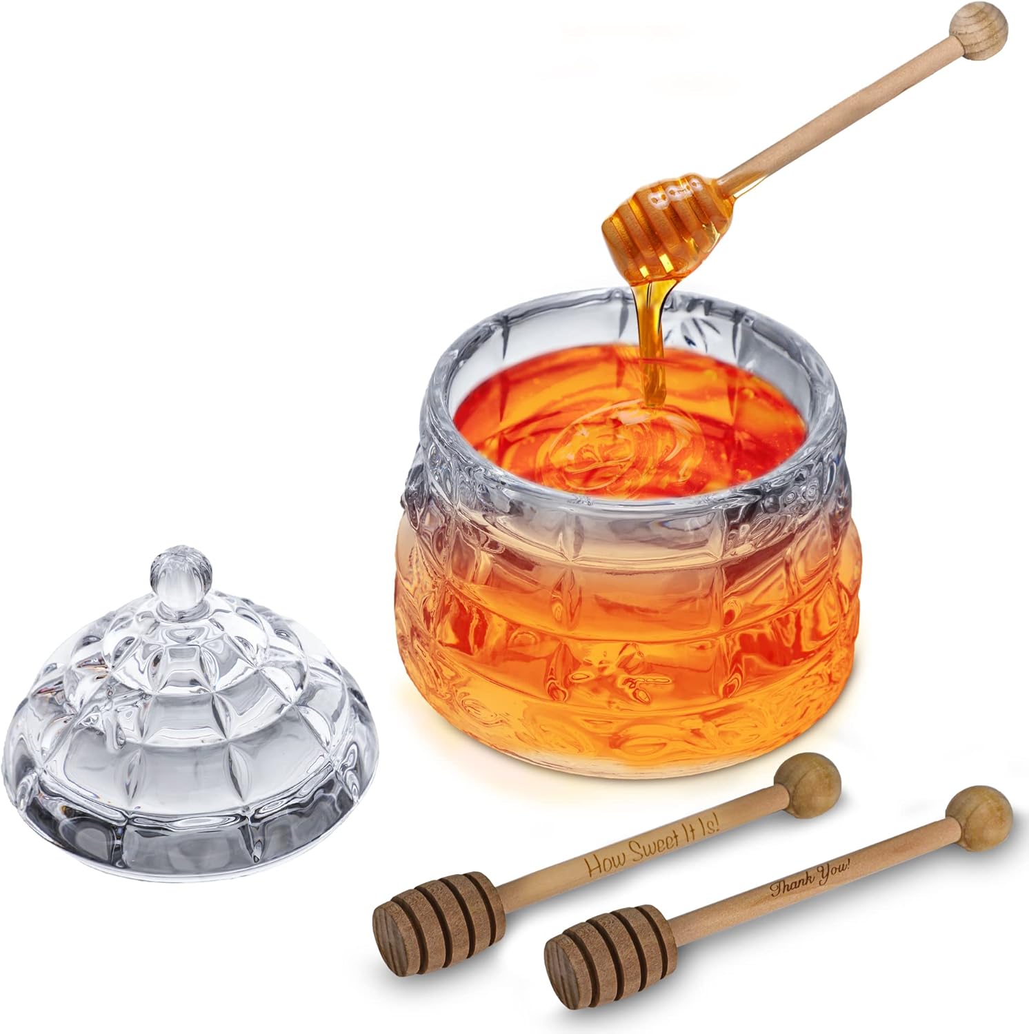 M&N HOME Honey Dish with 3 Dippers Honey Jar