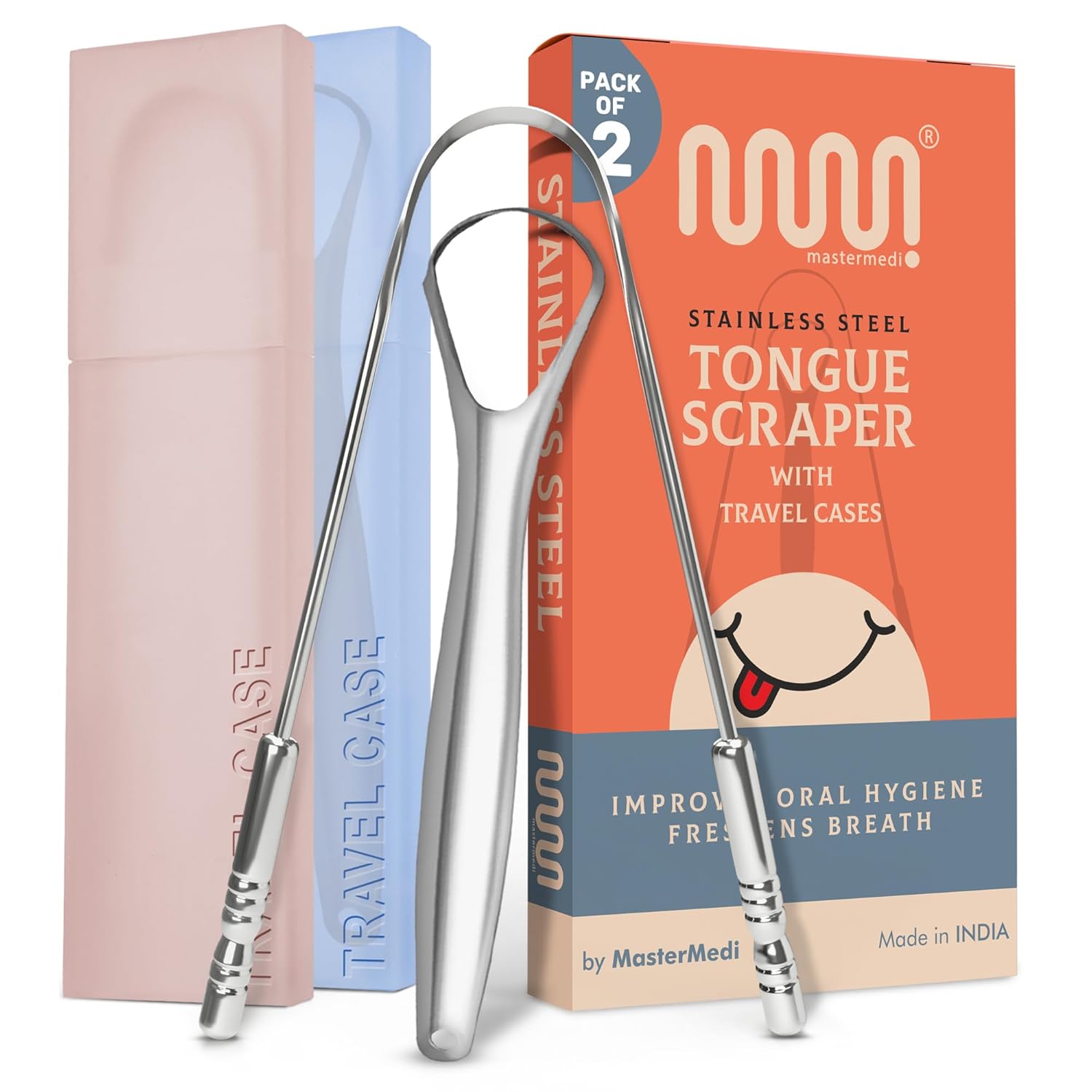 MasterMedi Tongue Scraper for Adults with Multicolor Travel Cases