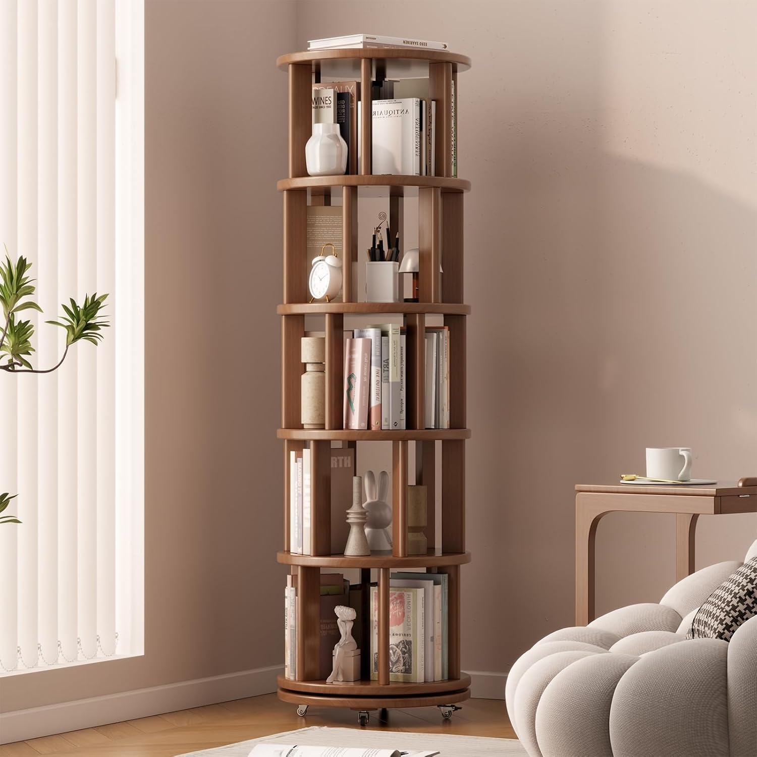 Solid Wood Rotating Bookshelf on Wheels