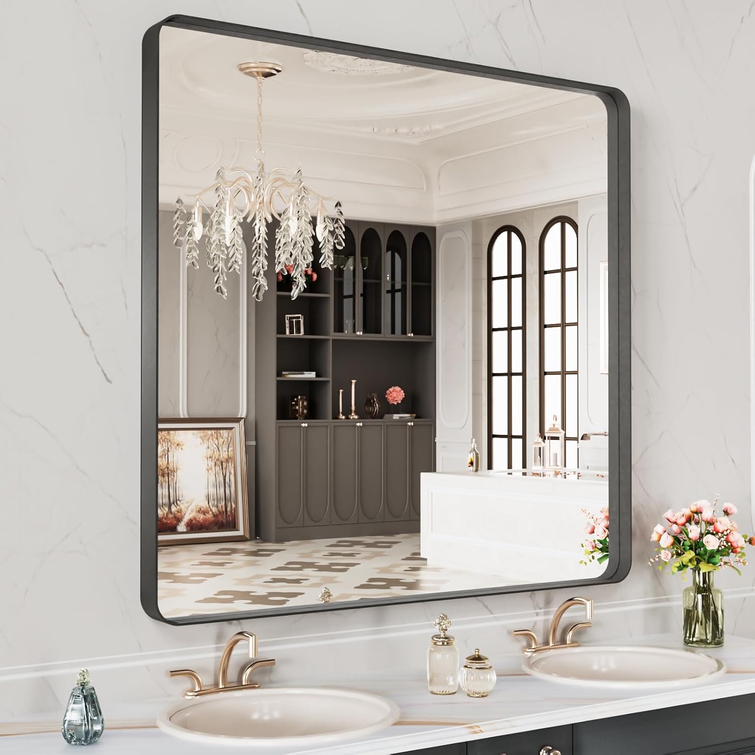 LOAAO Black Metal Framed Bathroom Mirror for Wall