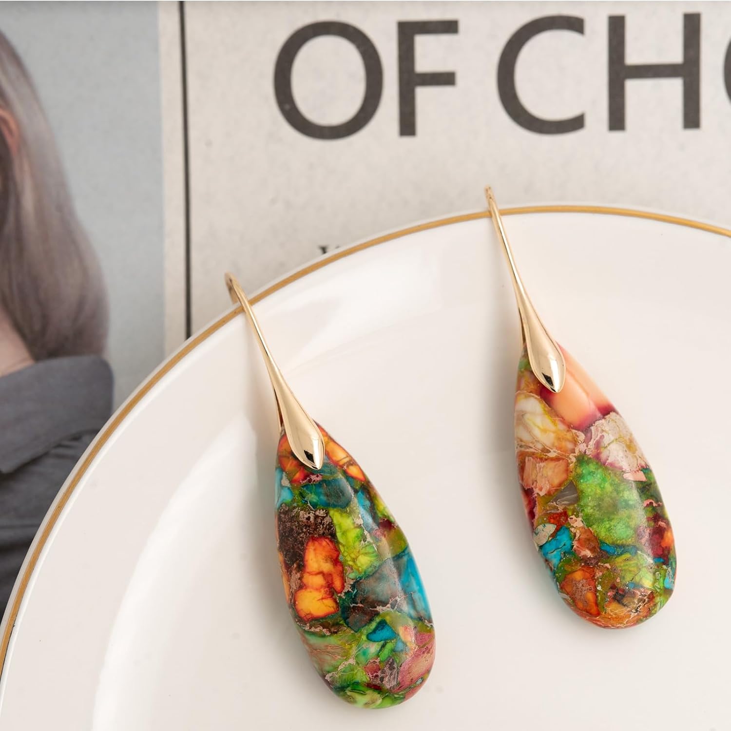 Natural Healing Stone Fishhoop Dangle Drop Earrings Statement Gold silver earrings