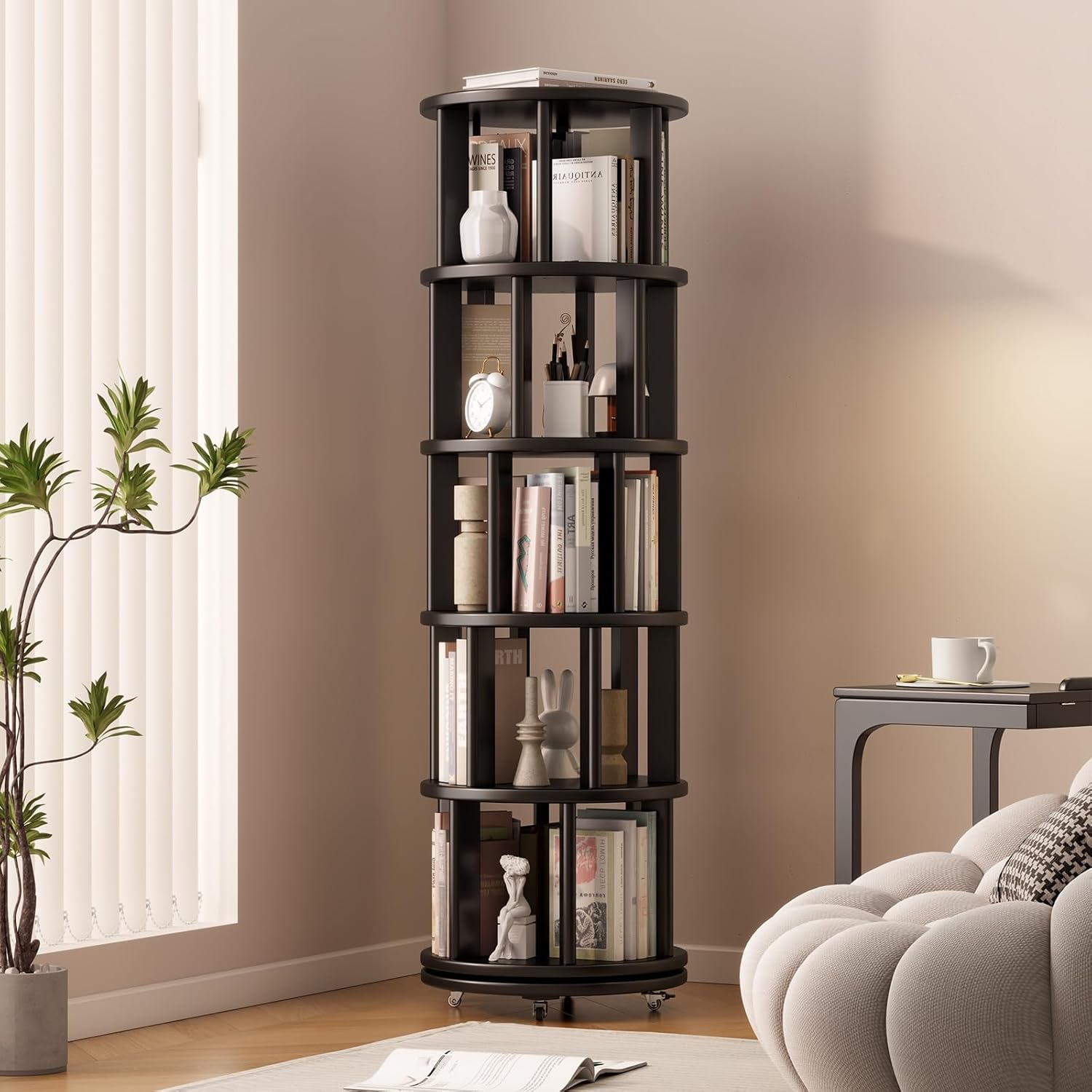 Solid Wood Rotating Bookshelf on Wheels