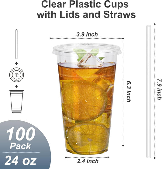 24 oz Clear Plastic Cups with Lids and Straws