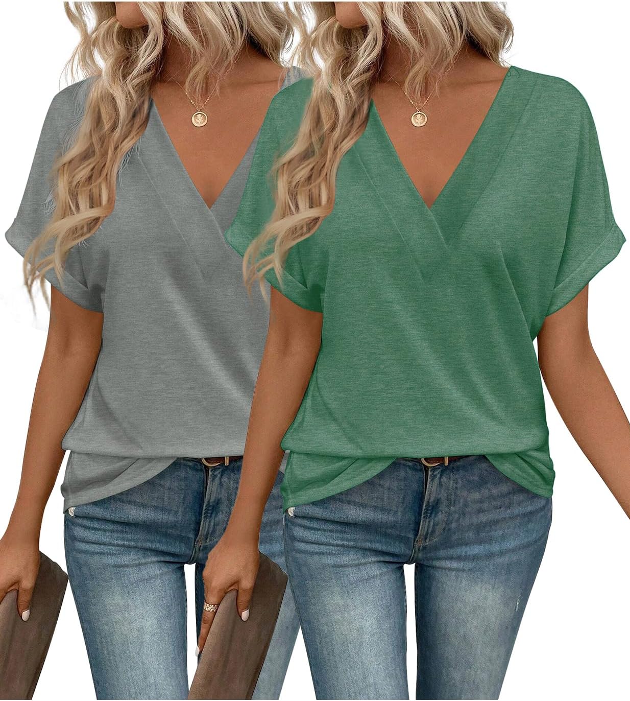 2PCS T Shirts Short Sleeve V Neck Tees Womens