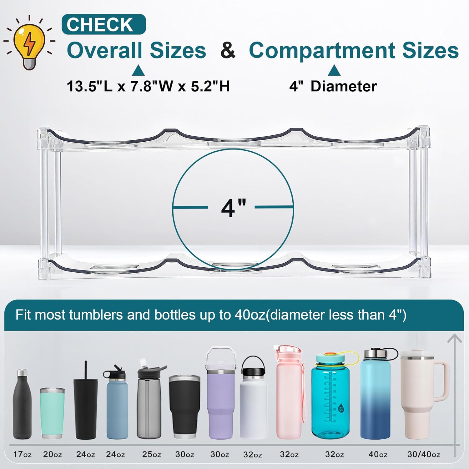 LARGER Compartment - Stackable Water Bottle Organizer Holder