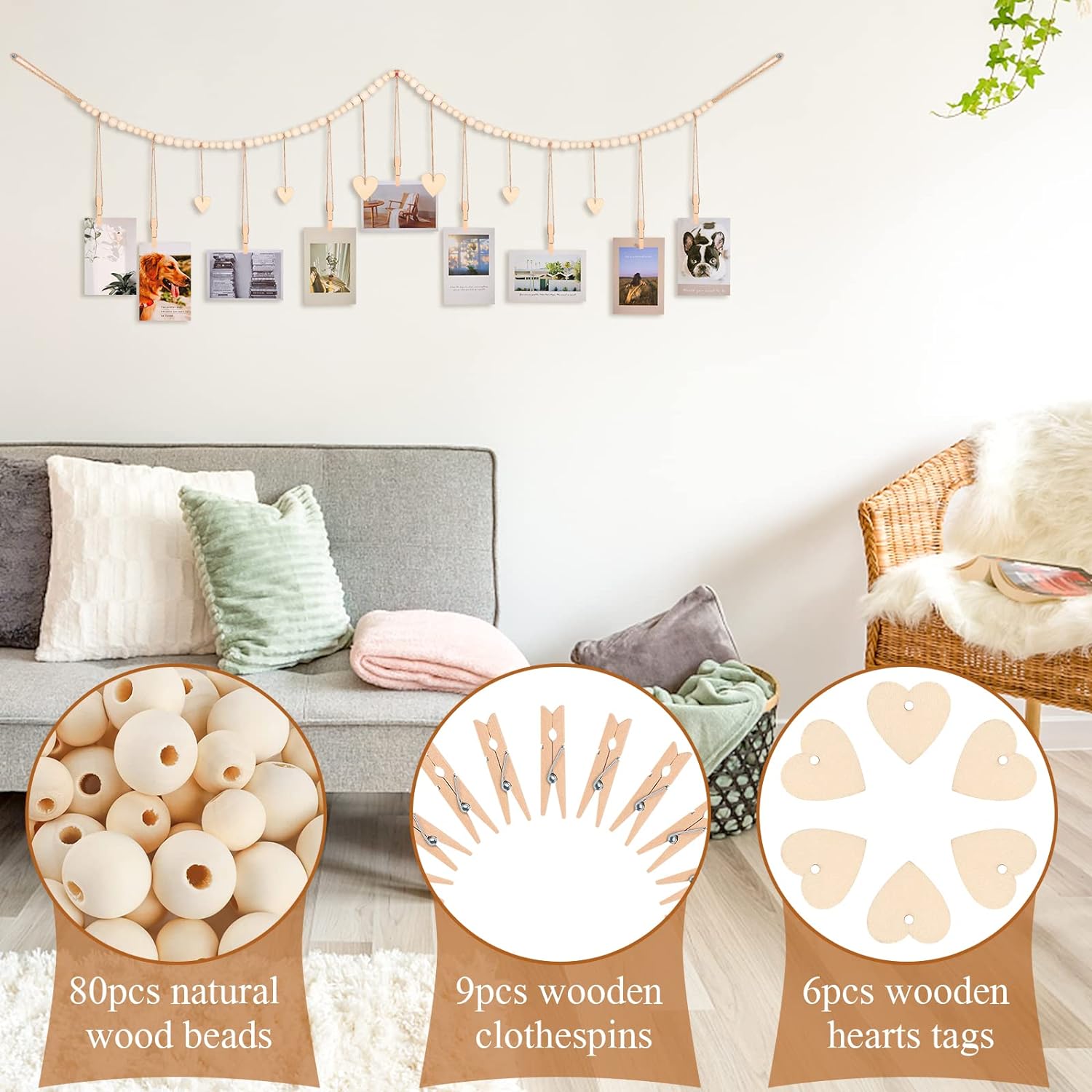 Hanging Photo Display with Clips 9 Wood Clips