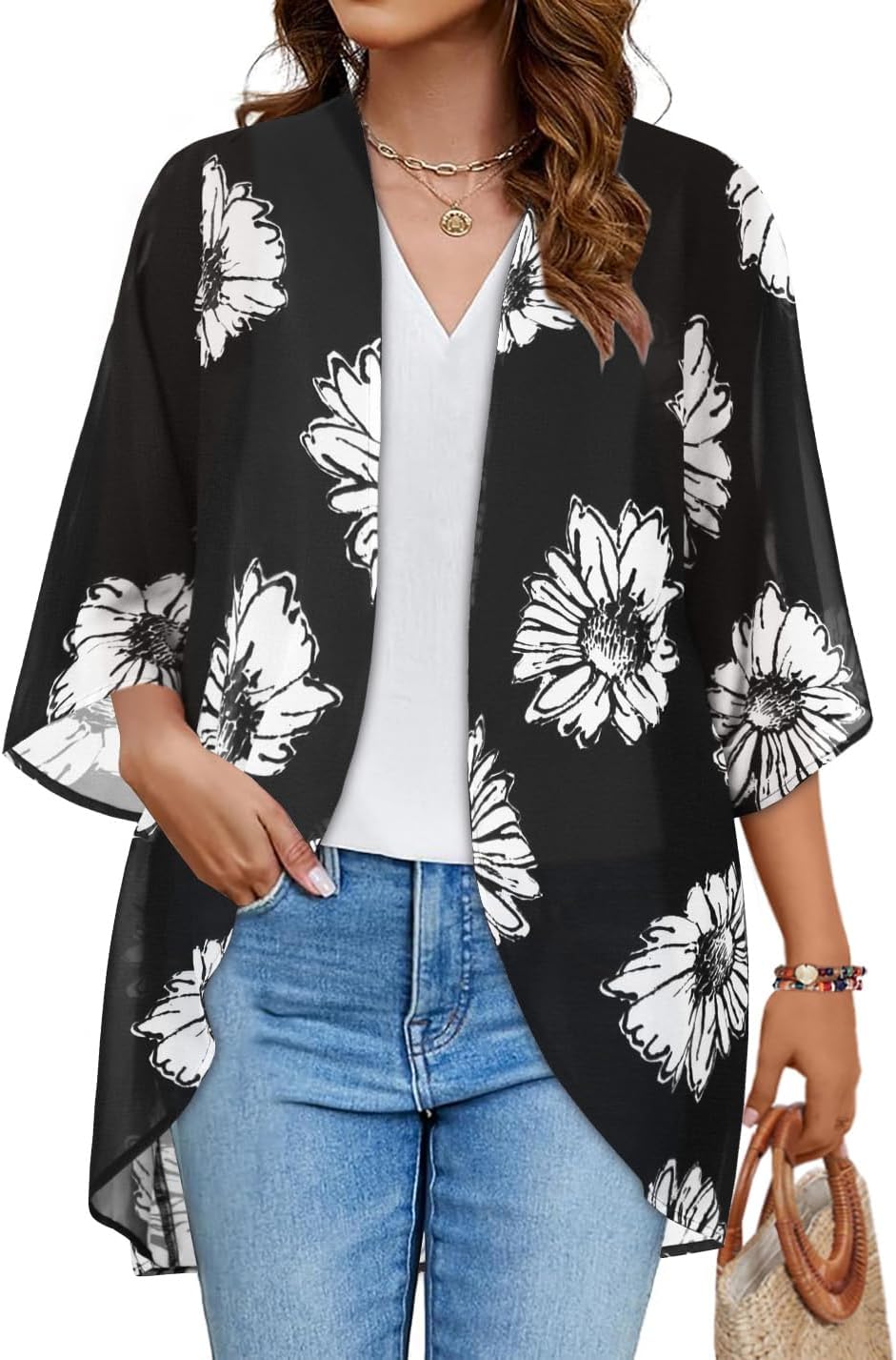 Women’s Floral Puff Sleeve Kimono Cardigan