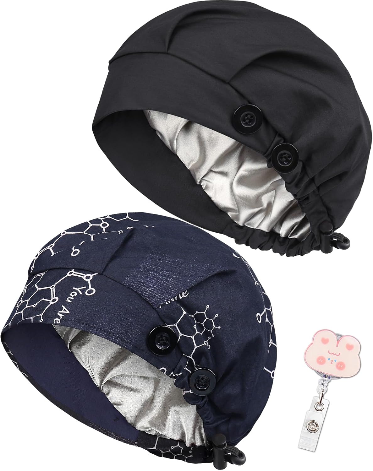 2 Pack Satin Lined Bouffant Scrub Caps