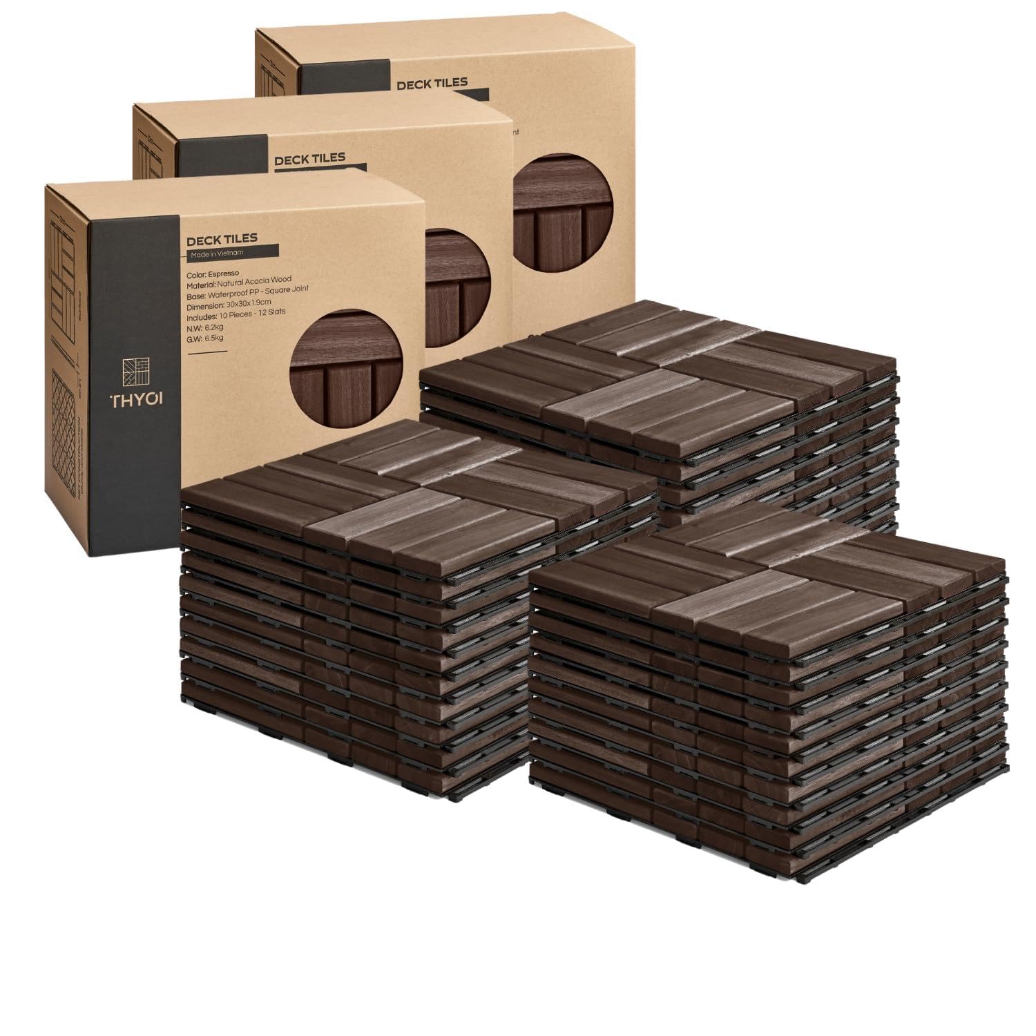 Deck Tiles Patio Flooring - Outdoor Waterproof Acacia Wood Tiles