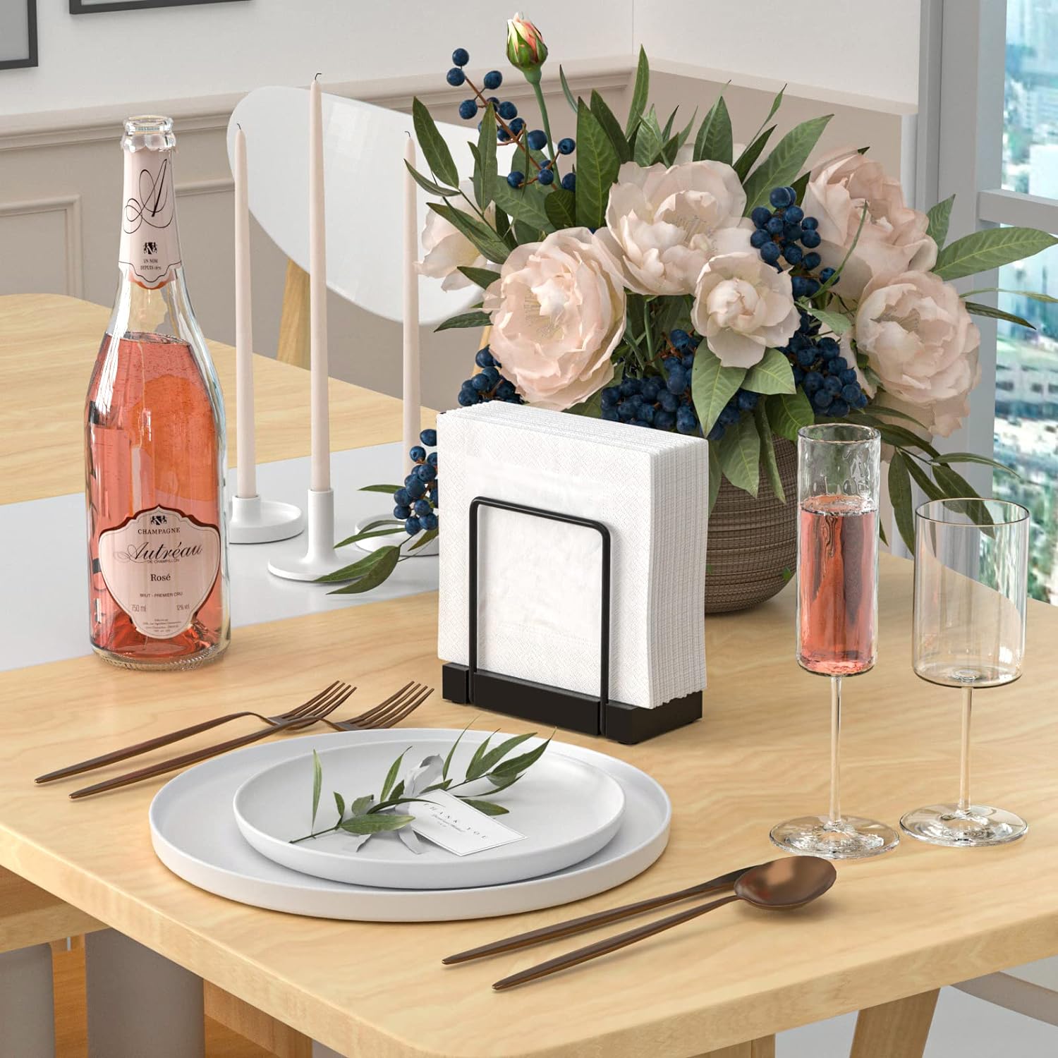 Wican Napkin Holder for Table Bamboo Iron Standing