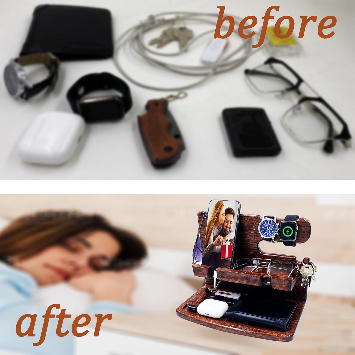 Wood Phone Docking Station Nightstand Organizer