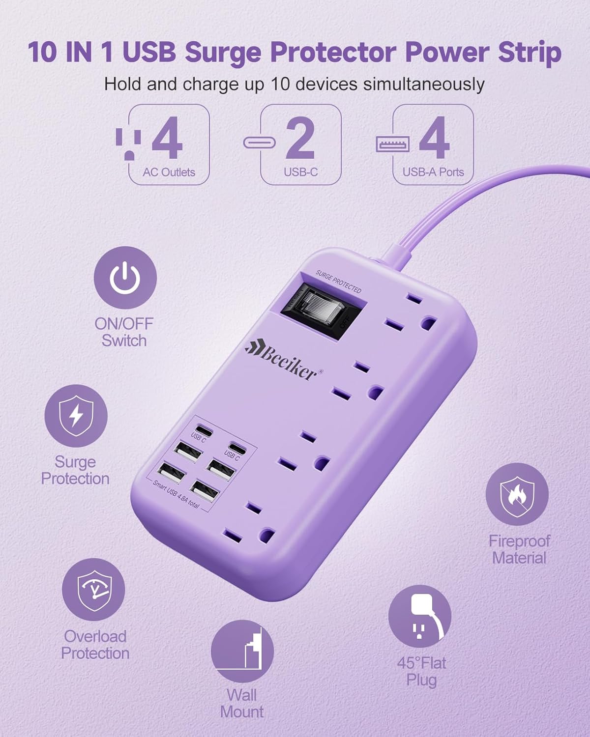 Purple Travel Power Strip 5Ft Lavender Extension Cord