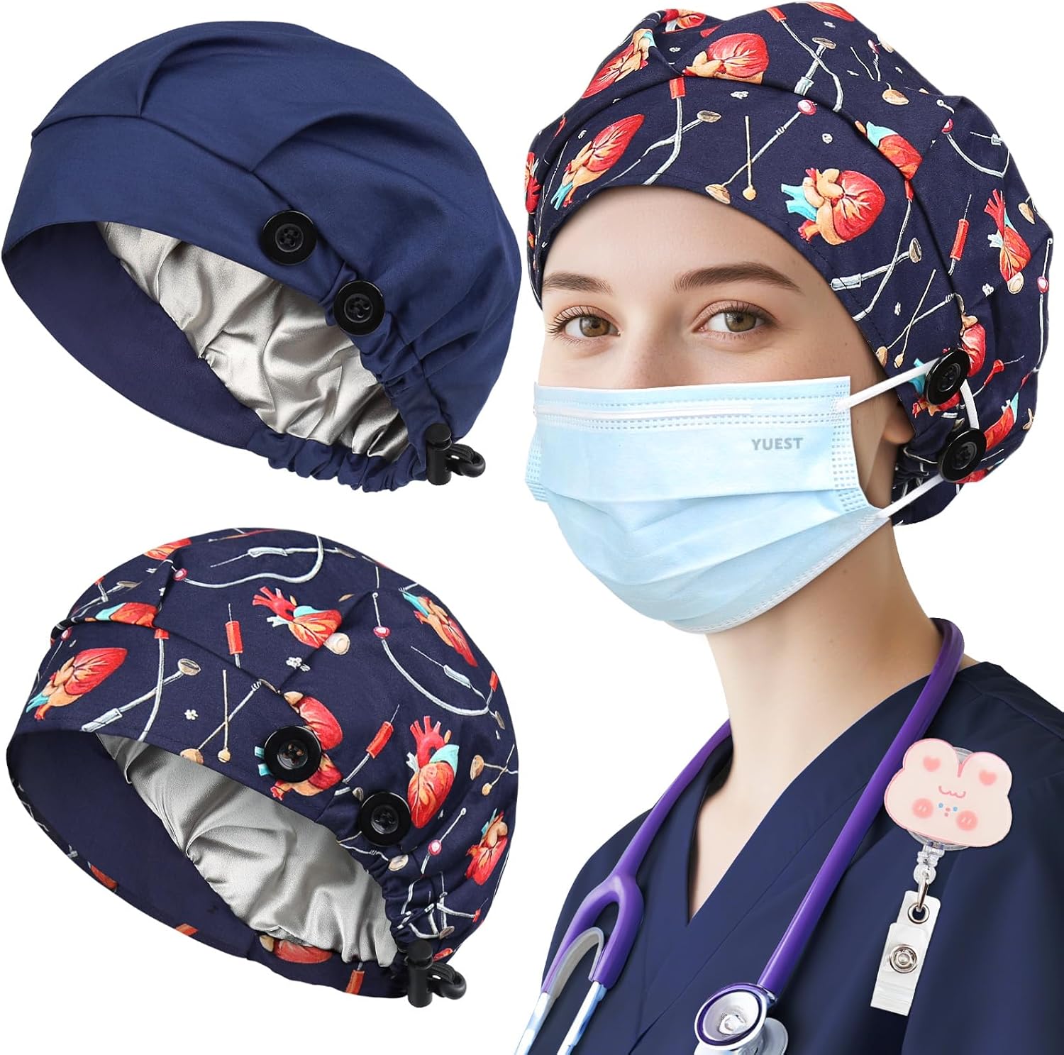 2 Pack Satin Lined Bouffant Scrub Caps