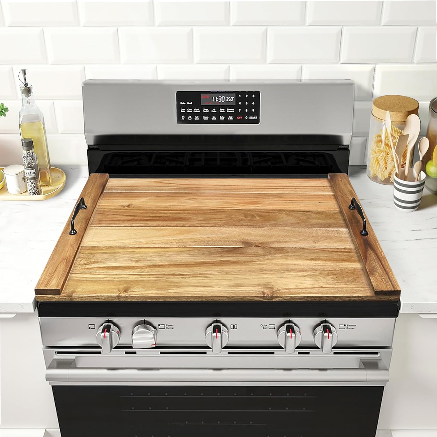 White Noodle Board Stove Cover with Handles
