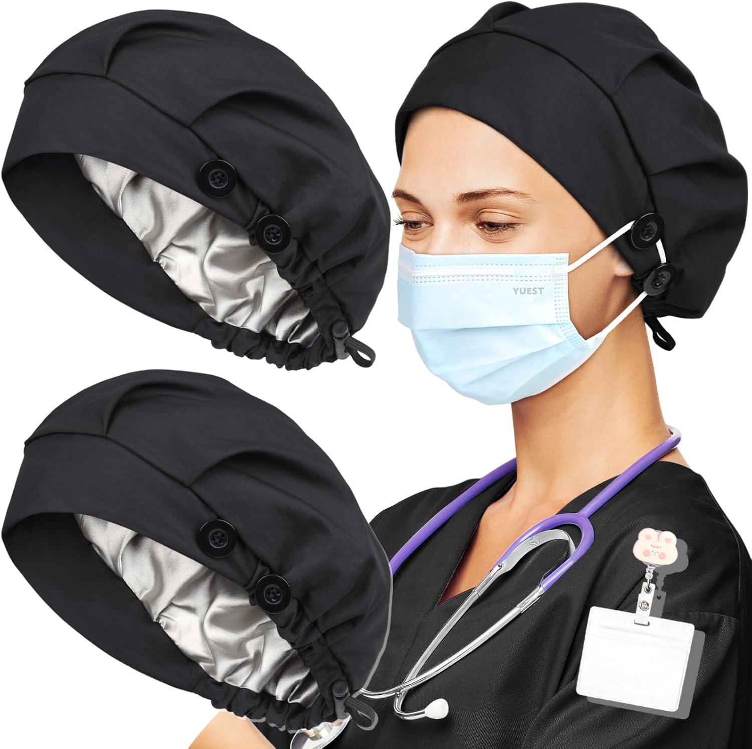 2 Pack Satin Lined Bouffant Scrub Caps