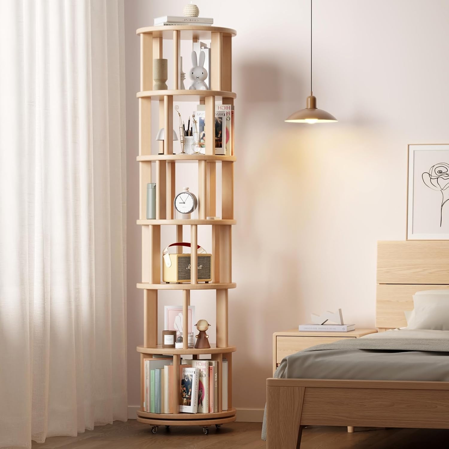 Solid Wood Rotating Bookshelf on Wheels
