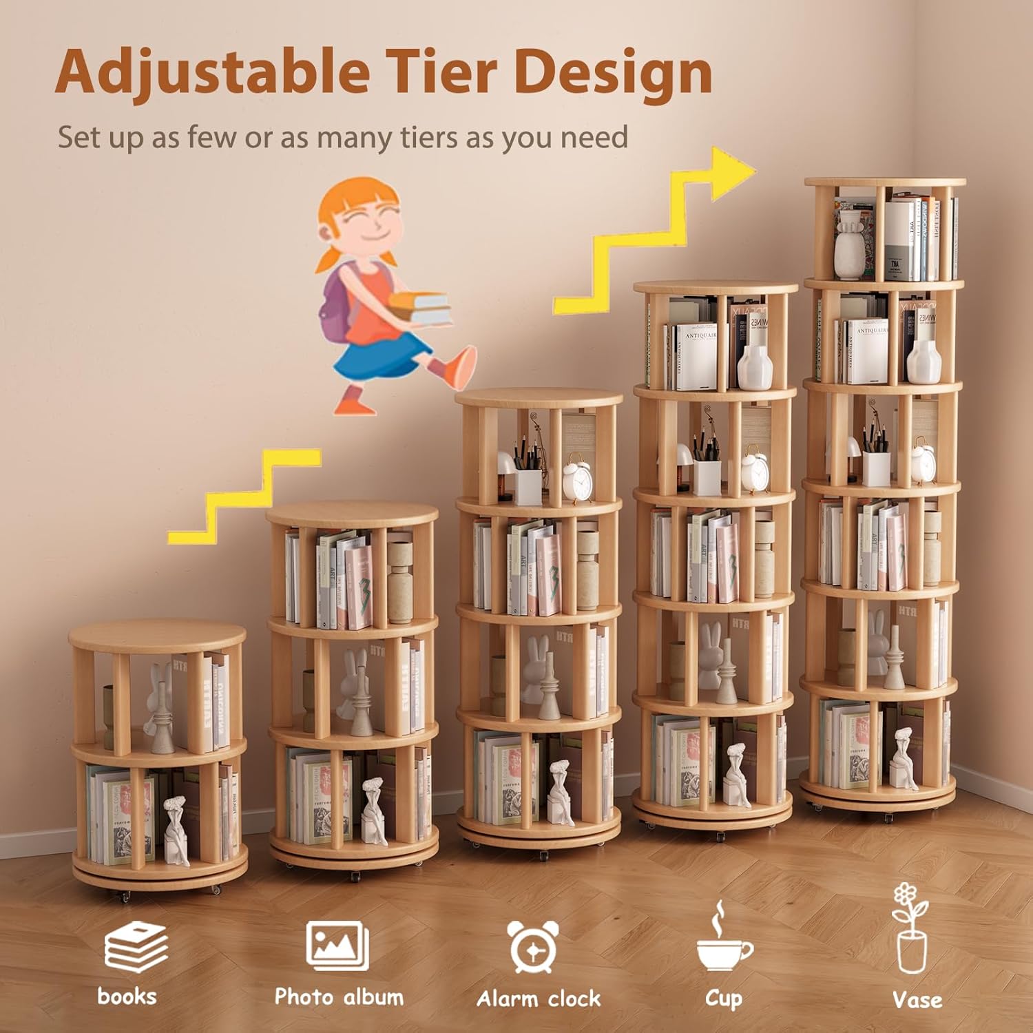 Solid Wood Rotating Bookshelf on Wheels