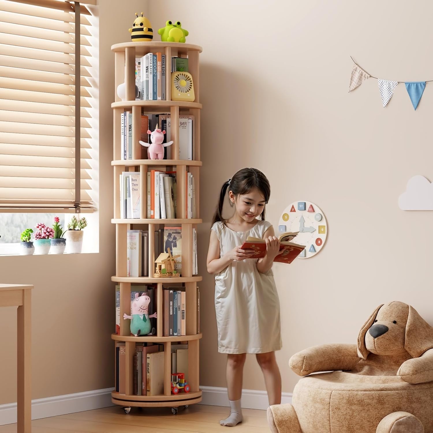 Solid Wood Rotating Bookshelf on Wheels