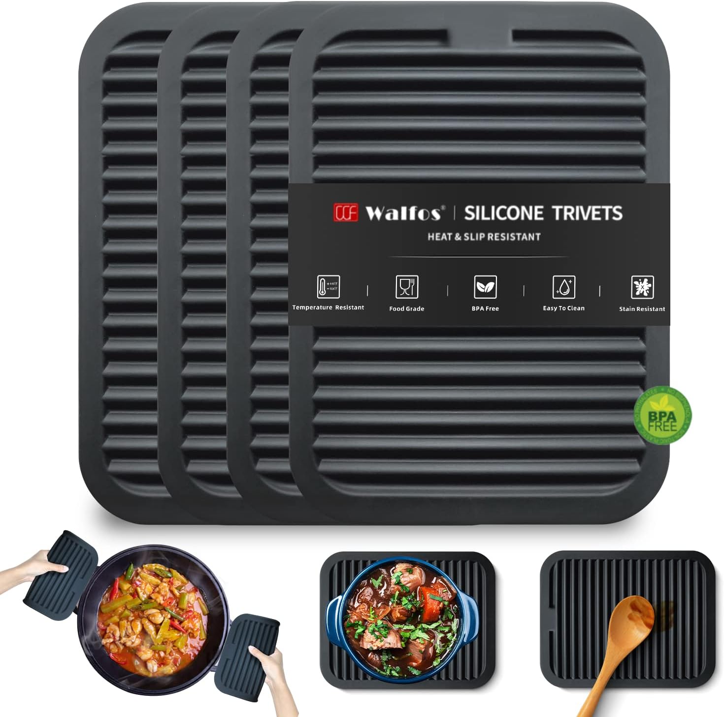 Walfos Silicone Trivet Mats - 4 Heat Resistant Pot Holders