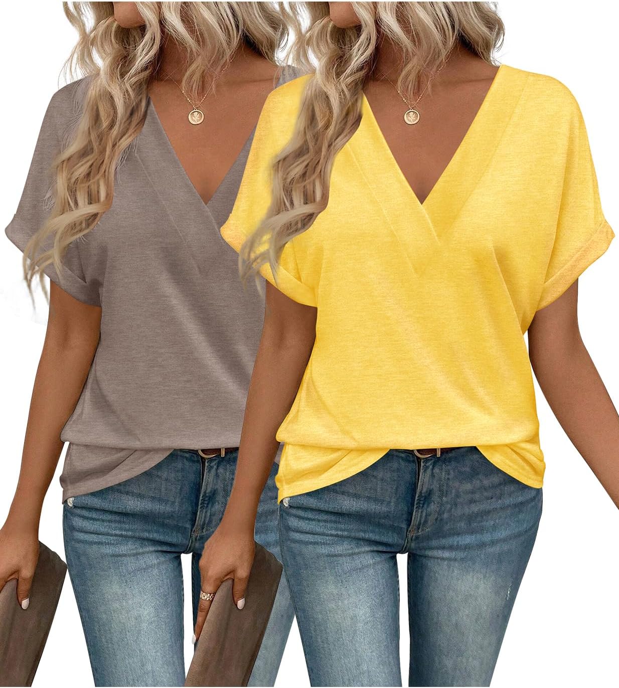 2PCS T Shirts Short Sleeve V Neck Tees Womens