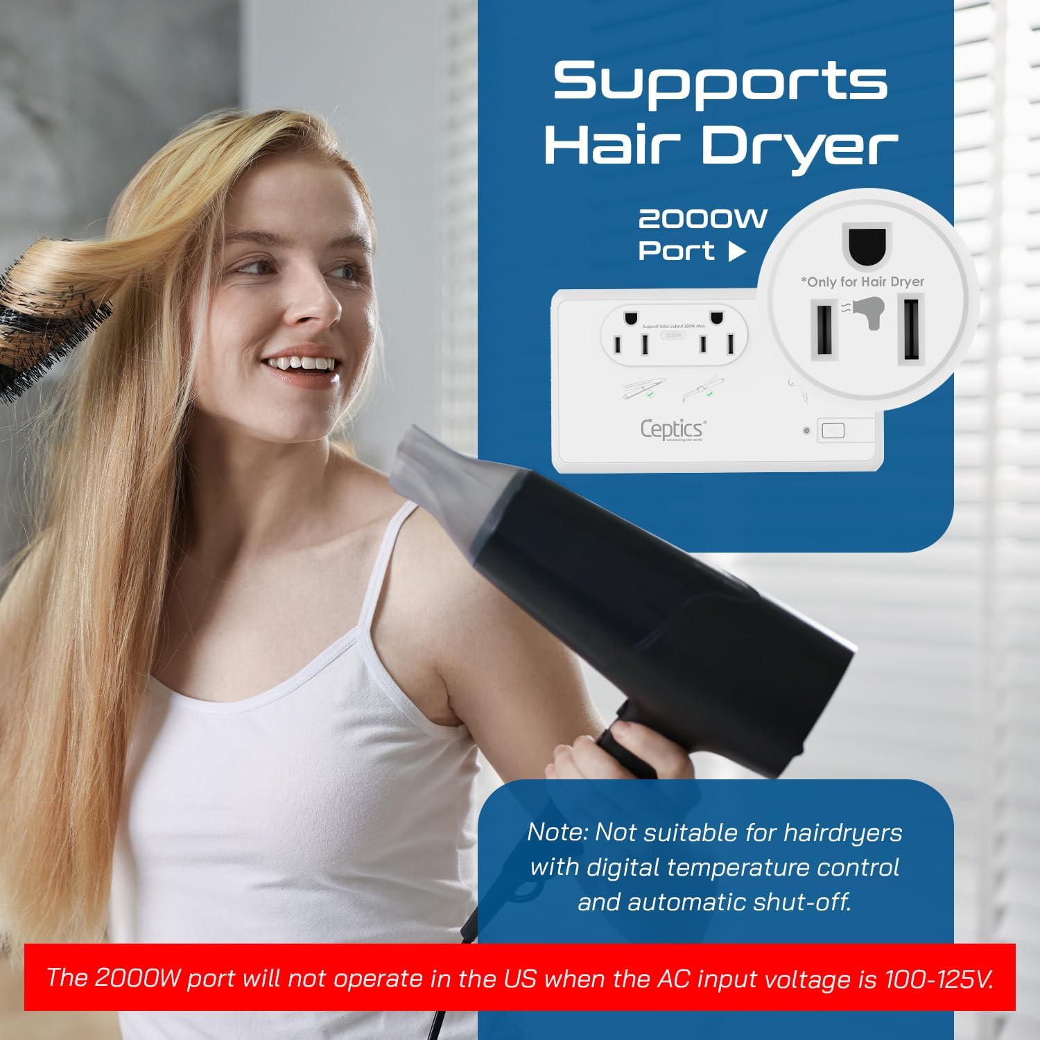 Ceptics Travel Voltage Converter for Hair Dryer