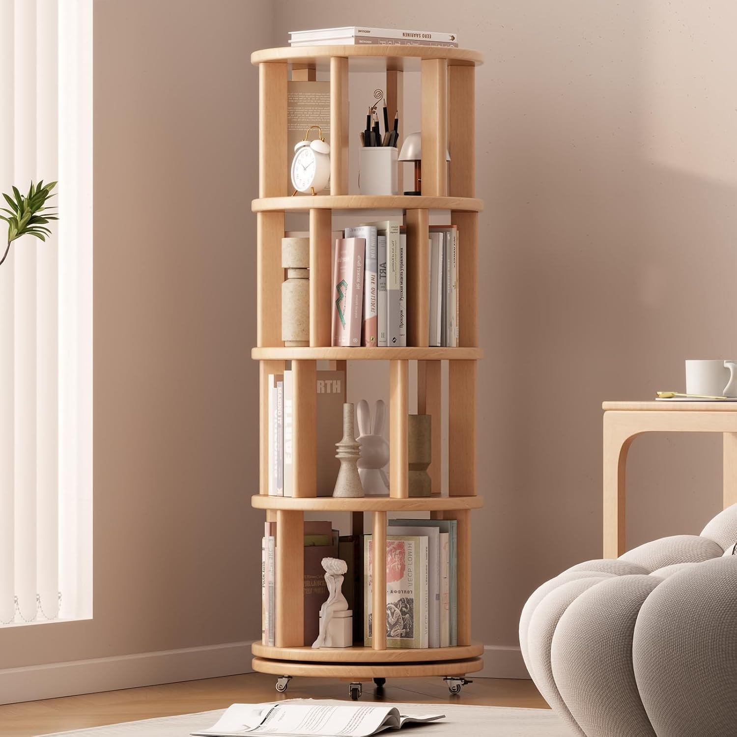 Solid Wood Rotating Bookshelf on Wheels