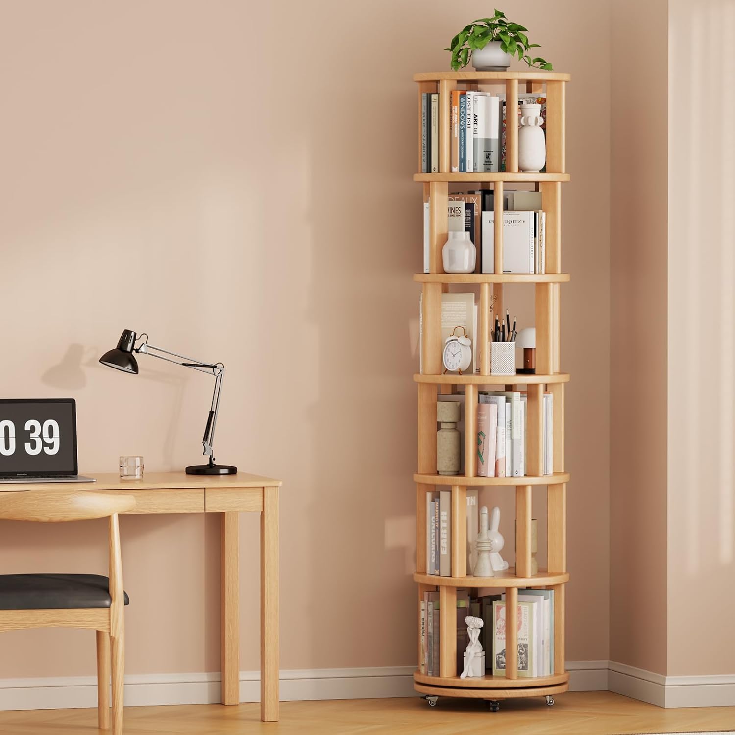 Solid Wood Rotating Bookshelf on Wheels