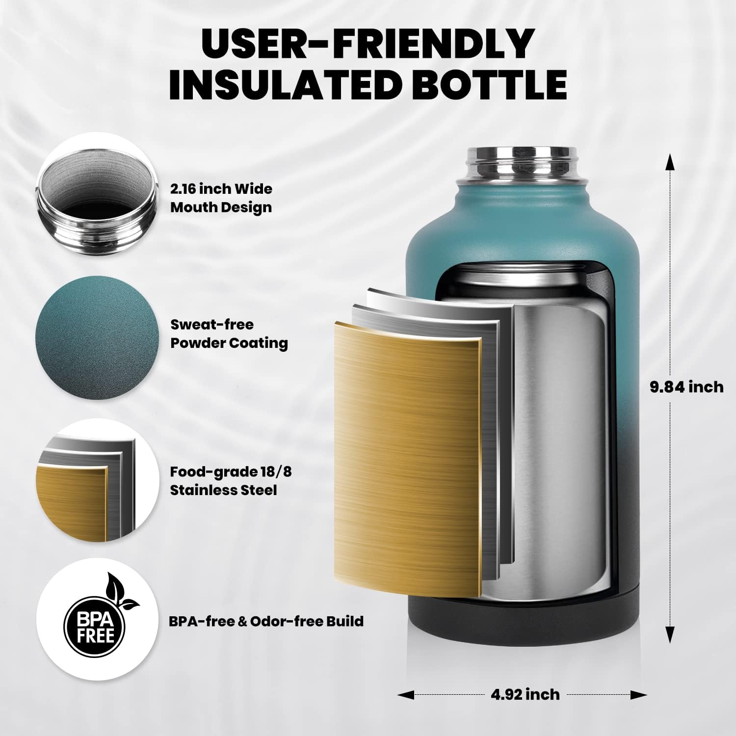 64oz Insulated Water Bottle Stainless Steel
