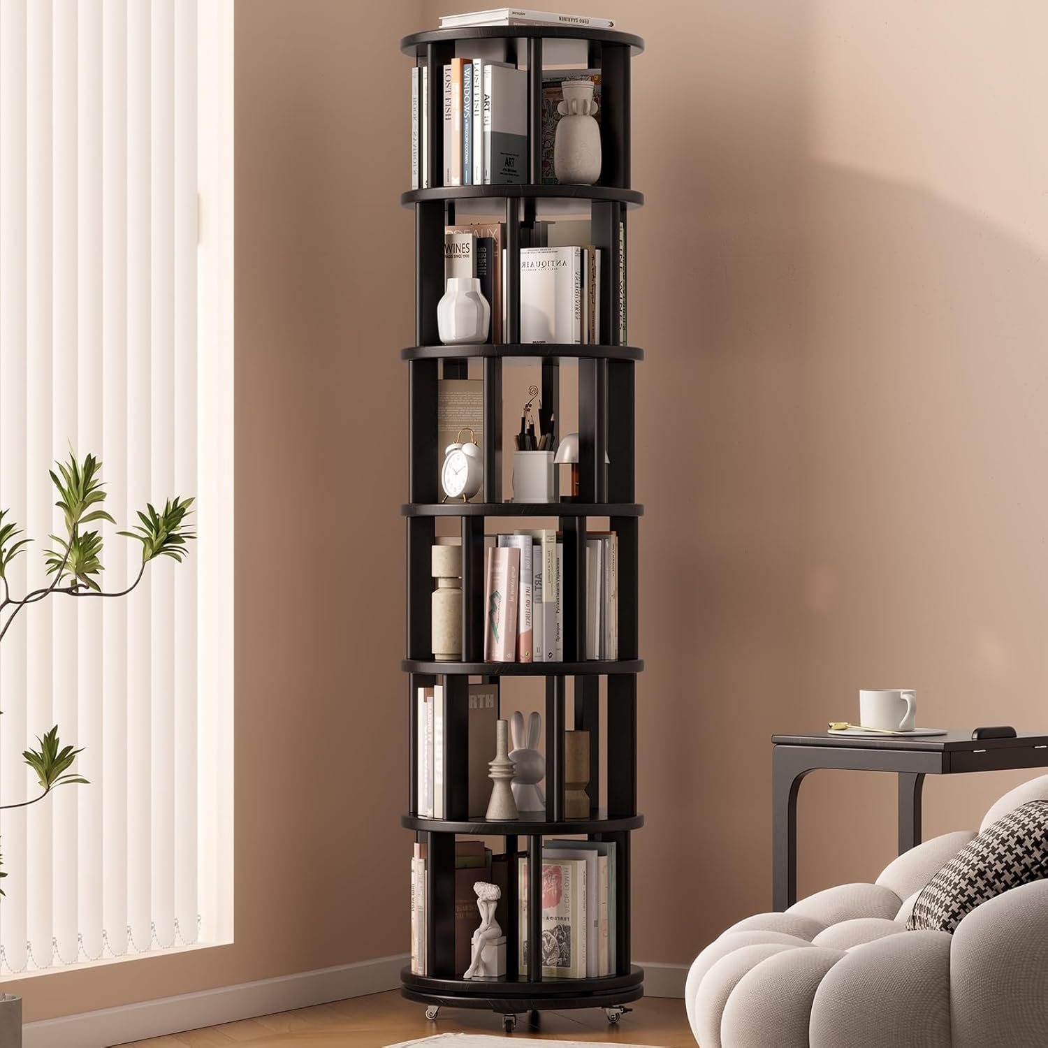 Solid Wood Rotating Bookshelf on Wheels