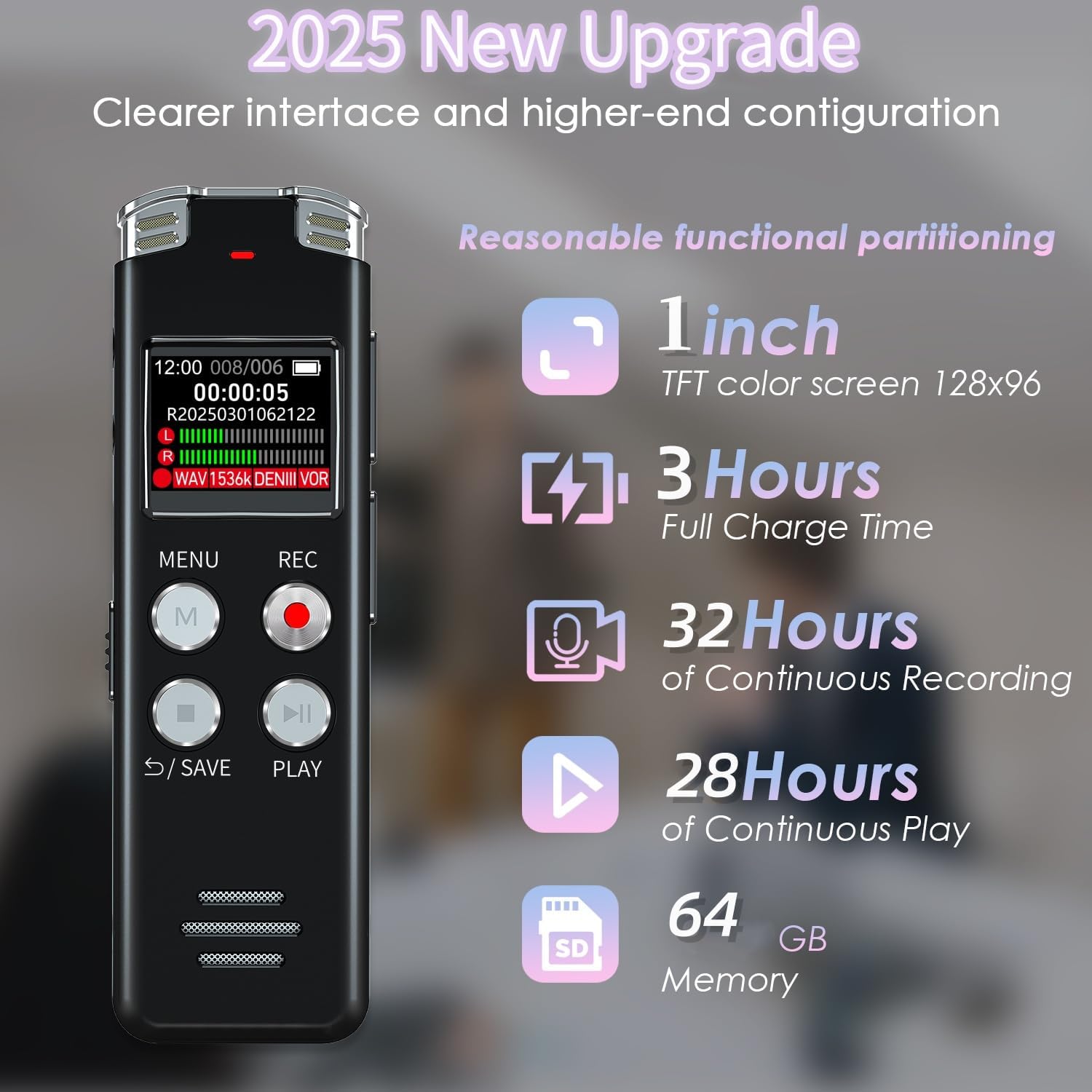 64GB Digital Voice Recorder with Playback