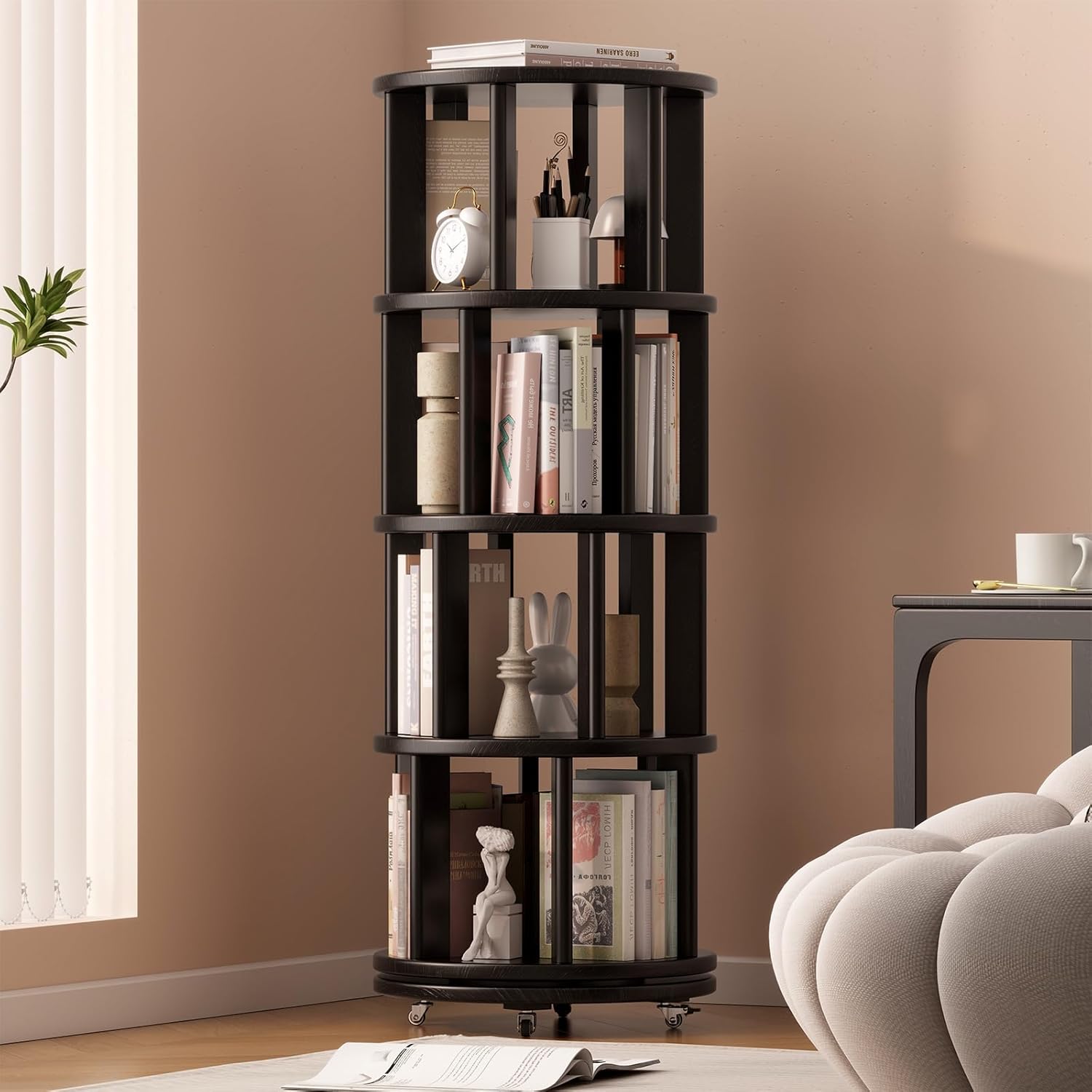 Solid Wood Rotating Bookshelf on Wheels
