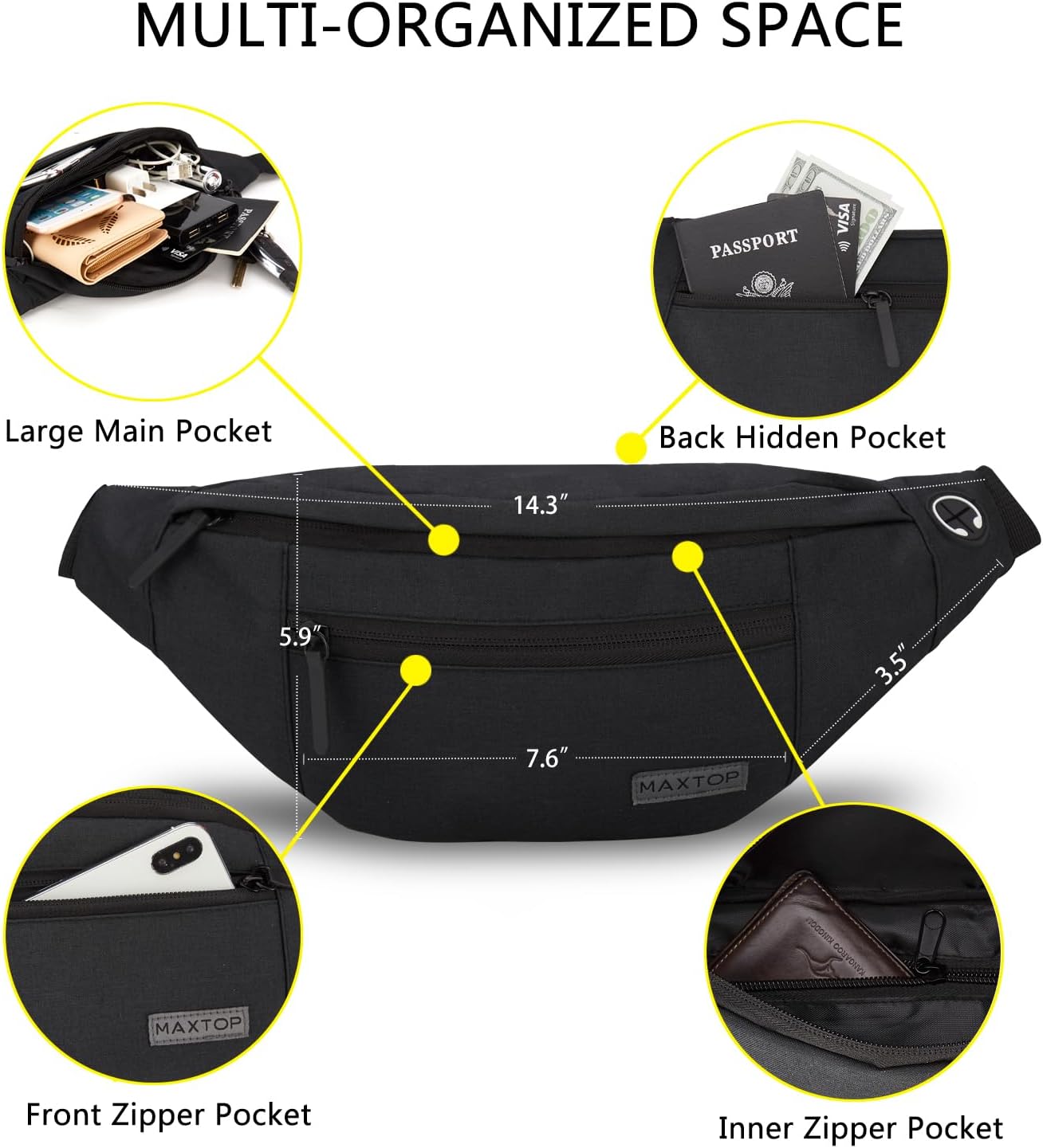 MAXTOP Large Crossbody Fanny Pack with 4-Zipper Pockets