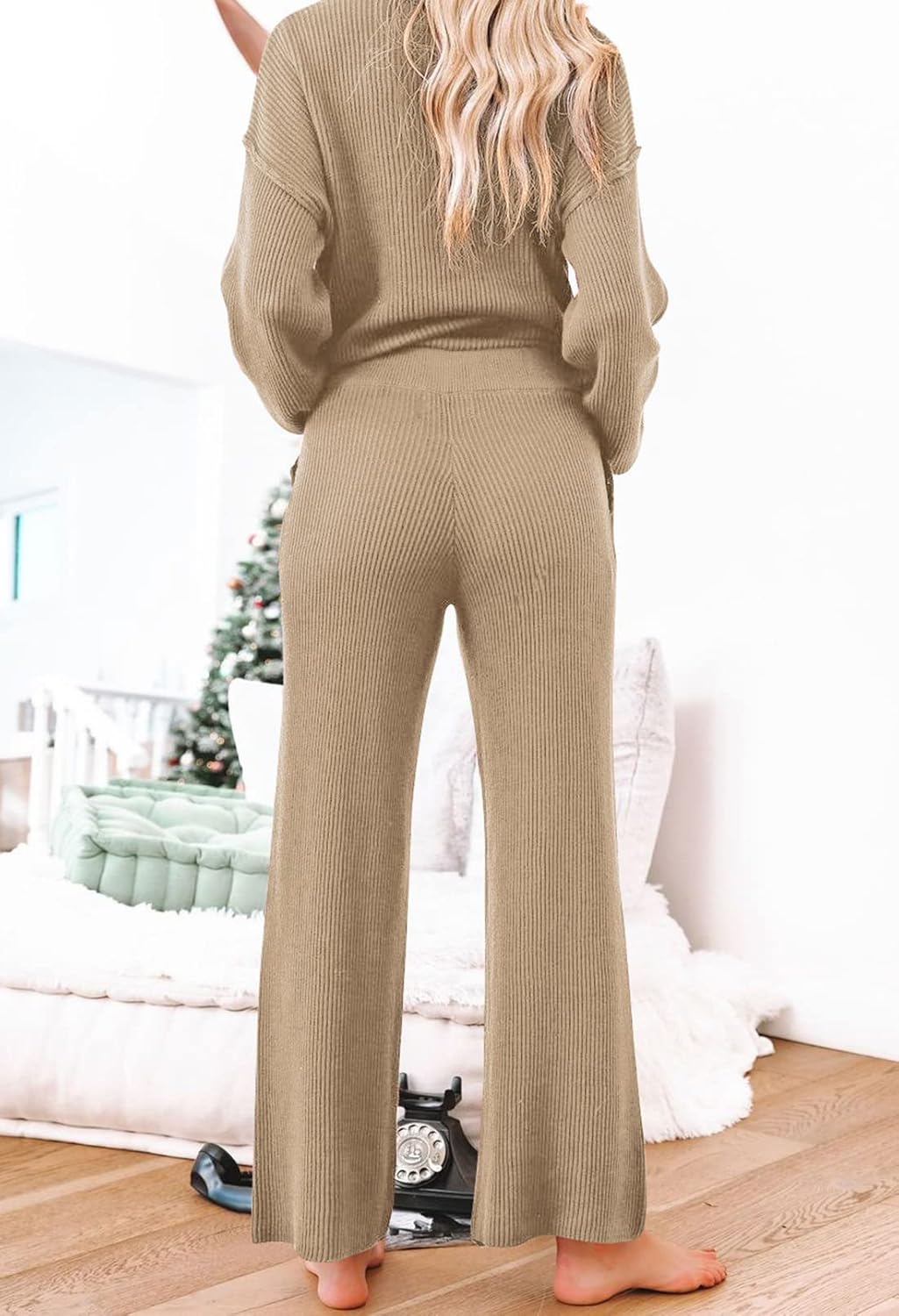 TOLENY Women 2 Piece Lounge Outfits Set Half Button Sweater Wide Leg Pant Loungewear Tracksuit