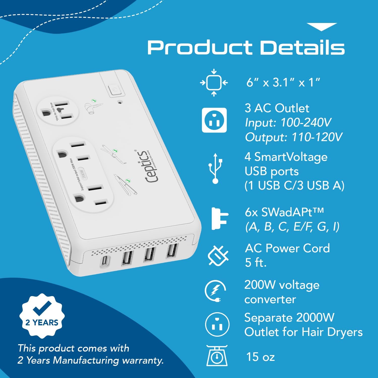 Ceptics Travel Voltage Converter for Hair Dryer