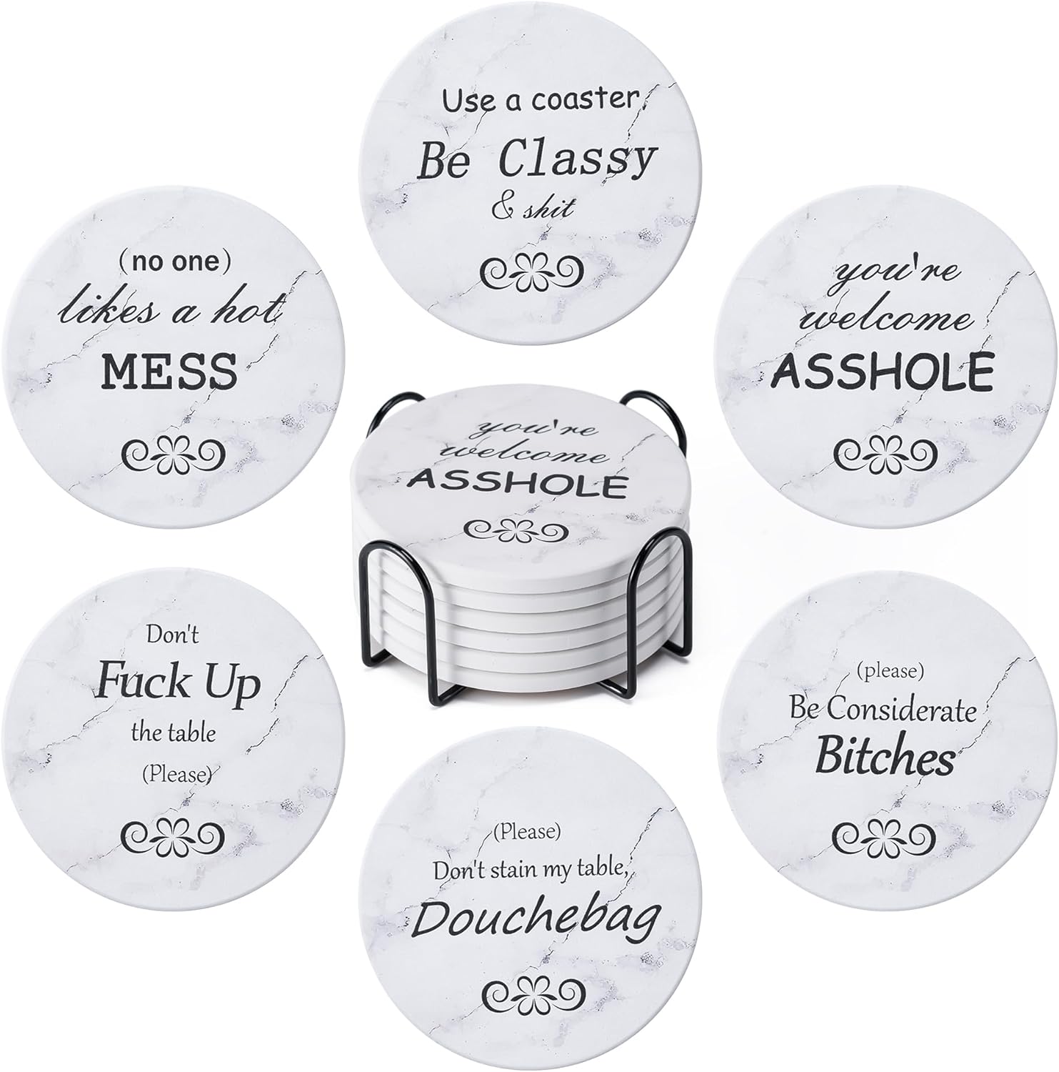 Drink Coasters with Holder Marble Style Ceramic