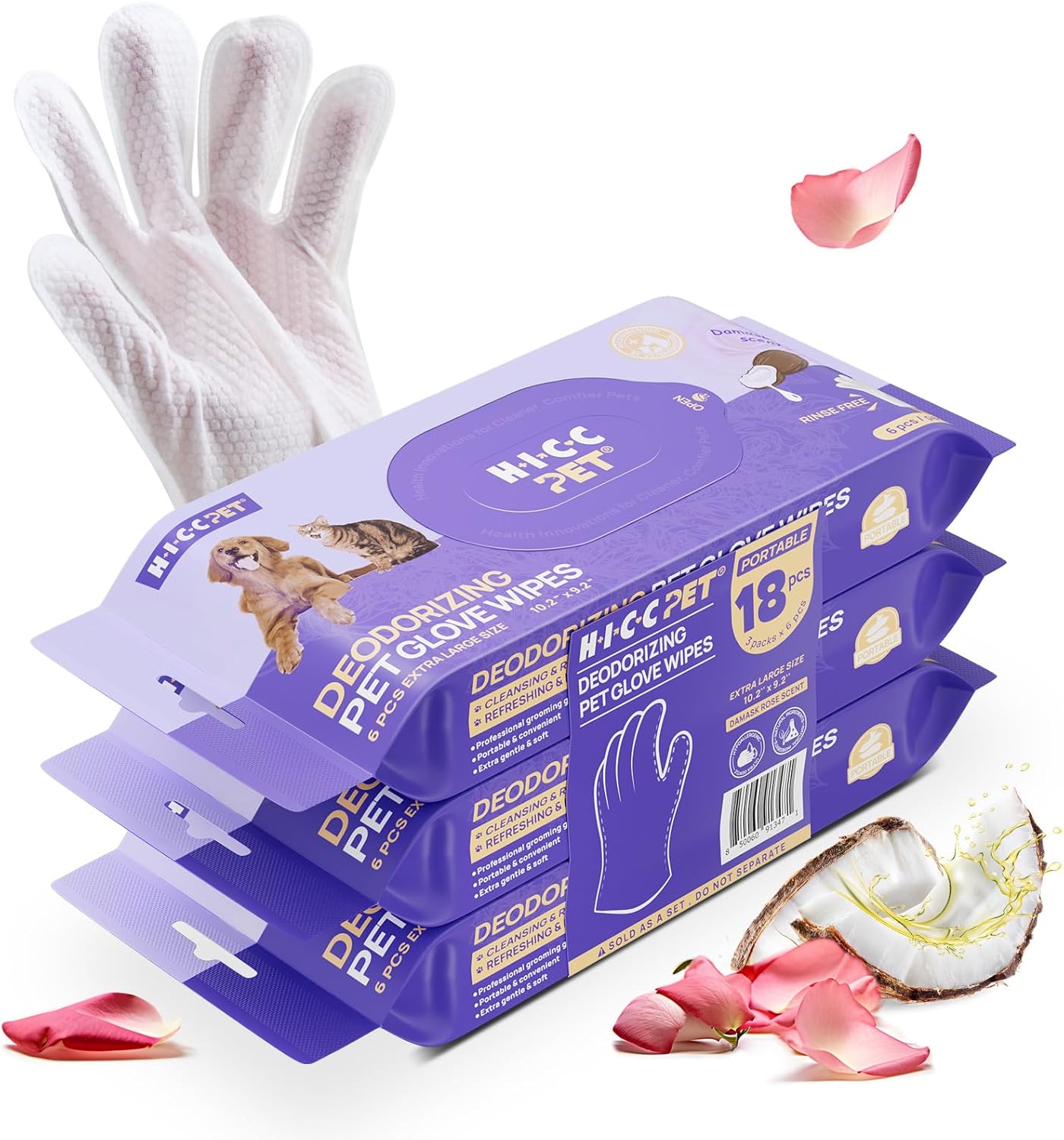 HICC PET Cleaning Deodorizing Glove Wipes for Dogs & Cats