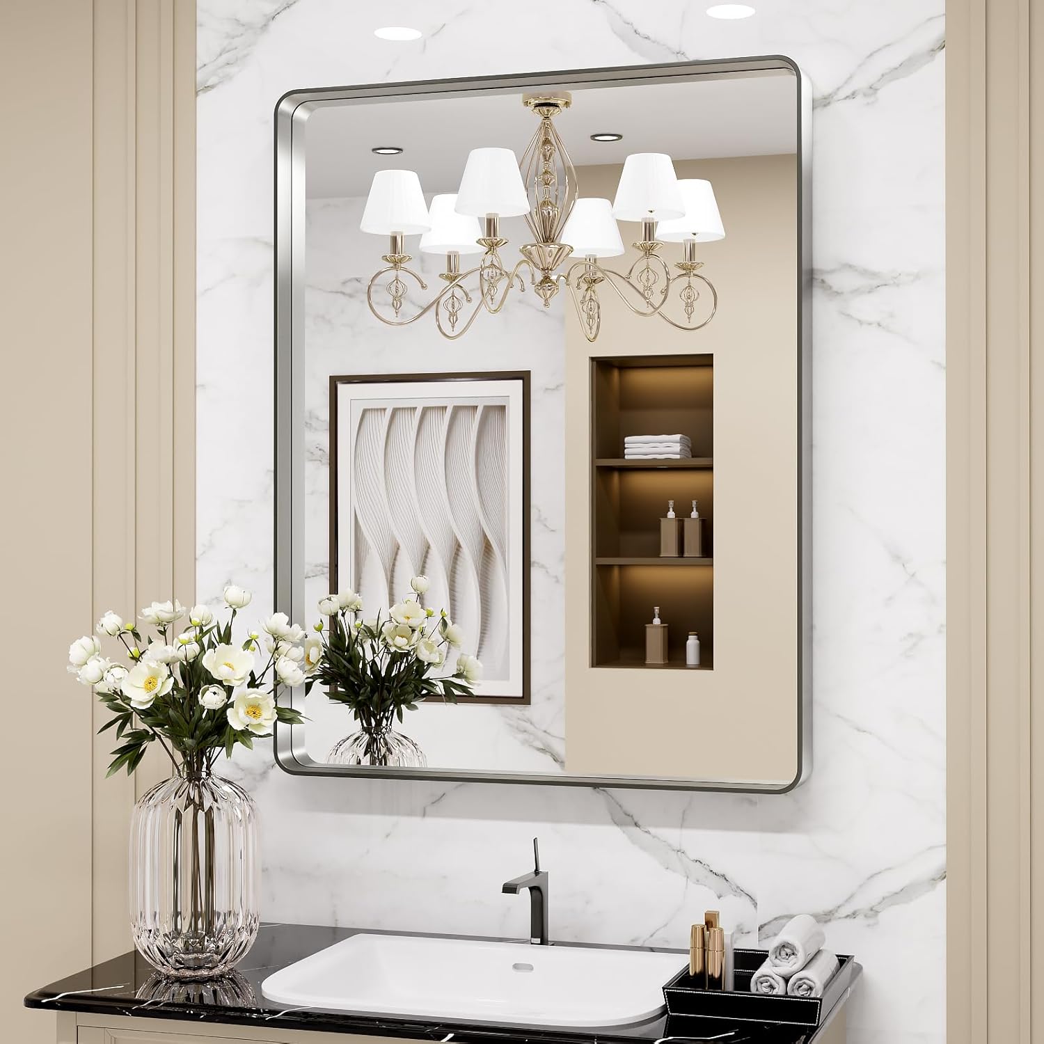 LOAAO Black Metal Framed Bathroom Mirror for Wall