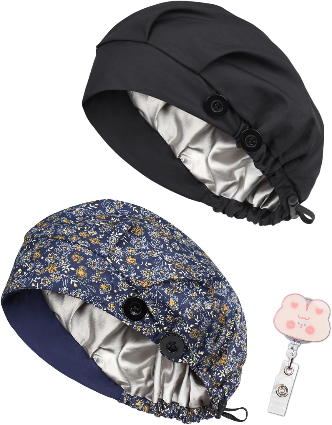 2 Pack Satin Lined Bouffant Scrub Caps