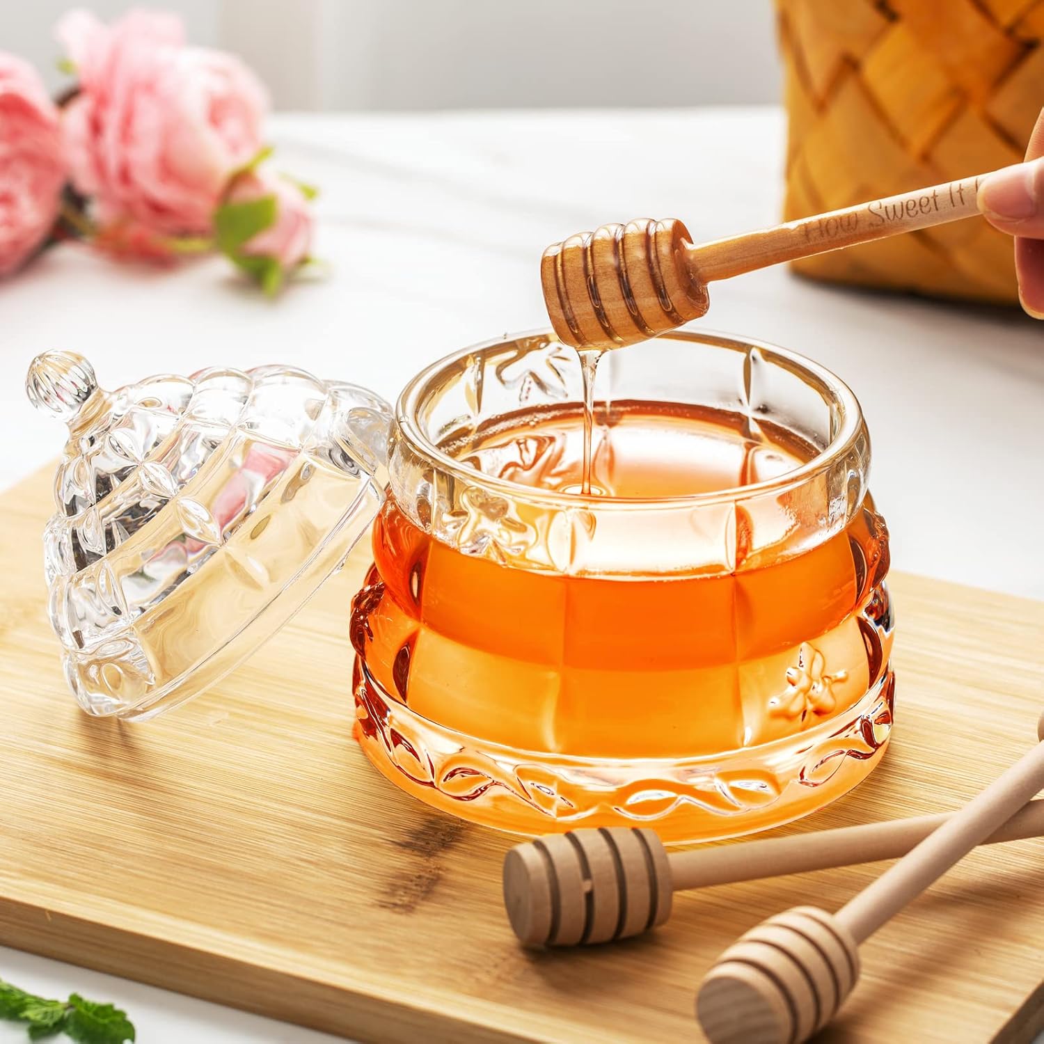 M&N HOME Honey Dish with 3 Dippers Honey Jar
