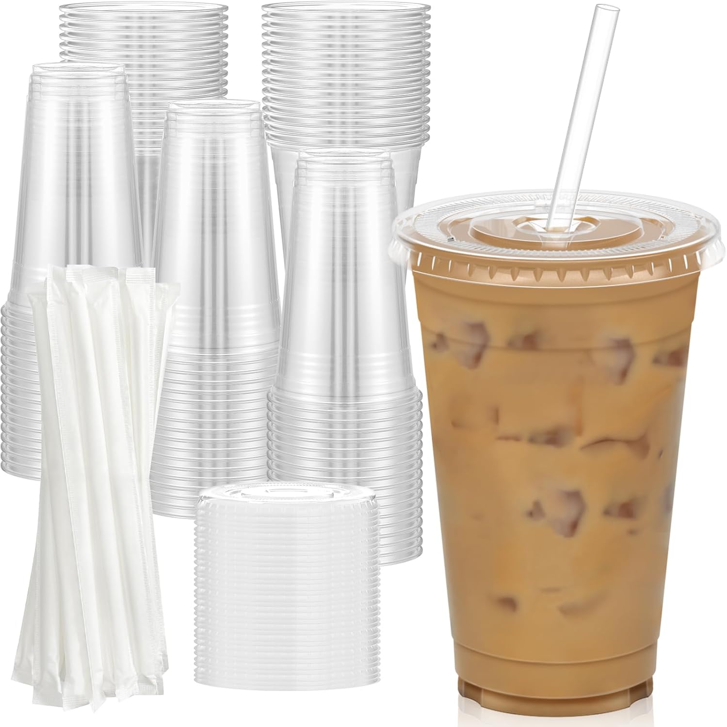 24 oz Clear Plastic Cups with Lids and Straws