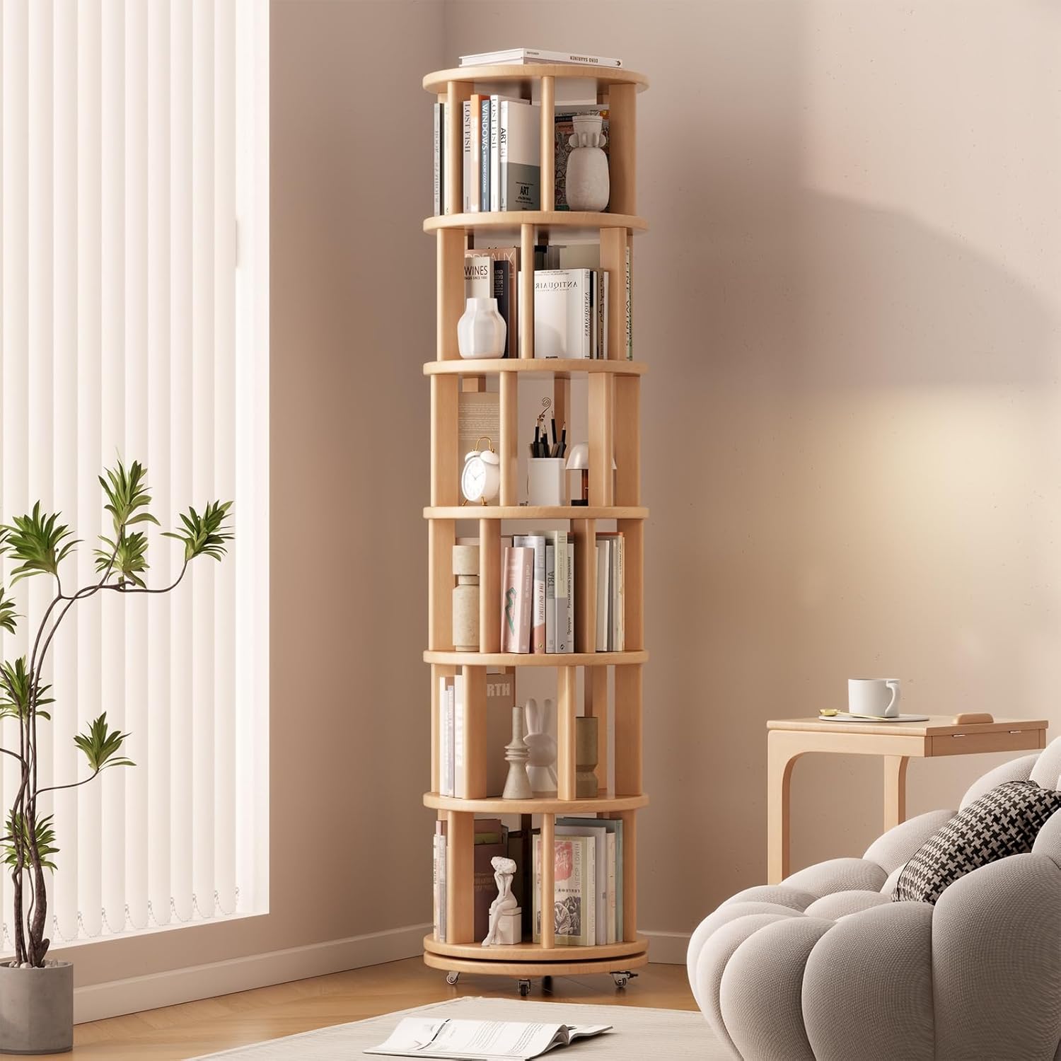 Solid Wood Rotating Bookshelf on Wheels