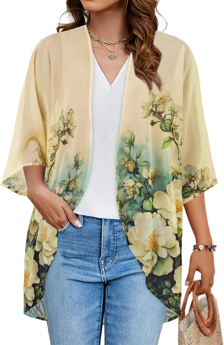 Women’s Floral Puff Sleeve Kimono Cardigan