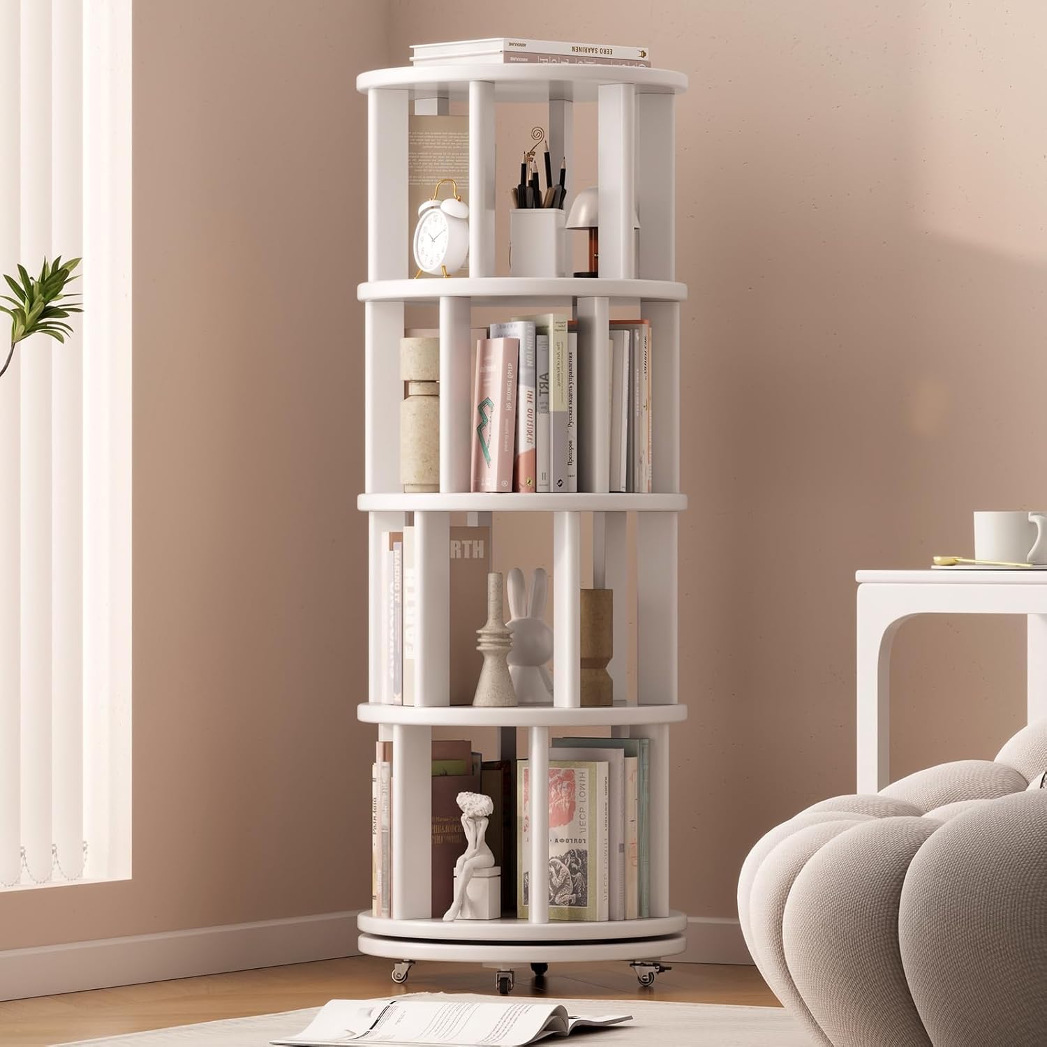 Solid Wood Rotating Bookshelf on Wheels